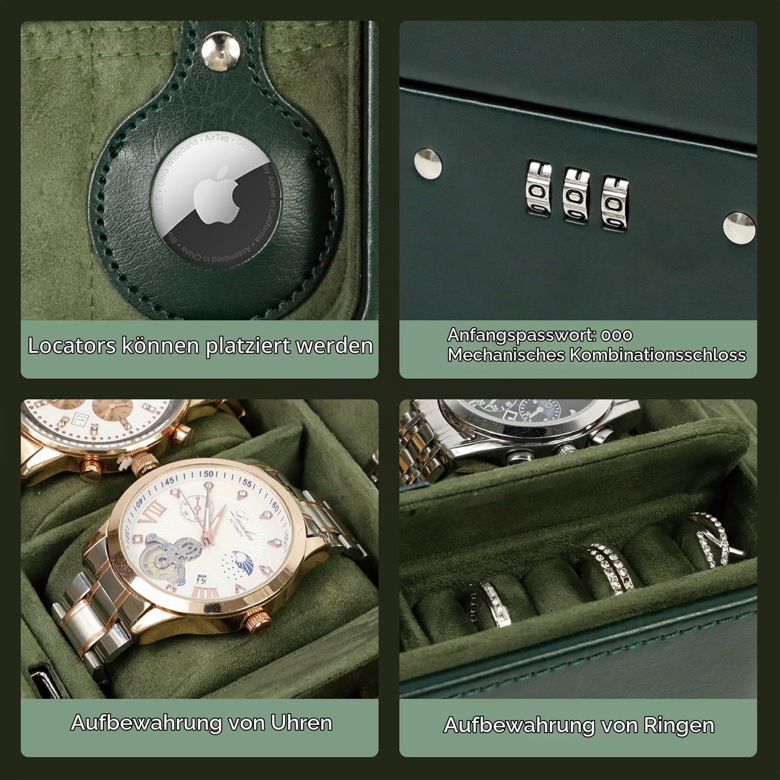 KAMIER Watch Boxes Uhrenbox 4 Uhren Grün Zahlenschloss