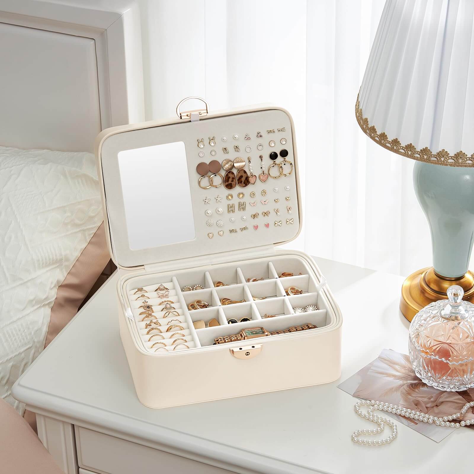 Lolalet Jewelry Box Schmuckkasten Weiß 2-lagig Spiegel