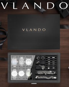 VLANDO Quiet Luxe Uhrenbox 6 Fächer Glasdeckel Leder