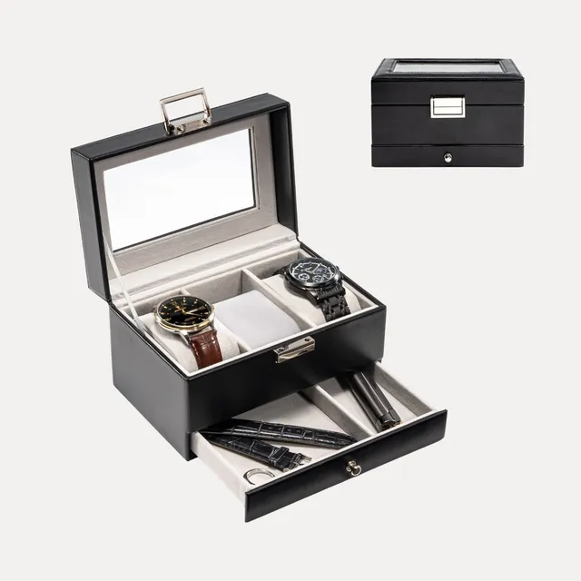 Lolalet Watch Box Uhrenbox Schwarz 3 Fächer mit Glasdeckel