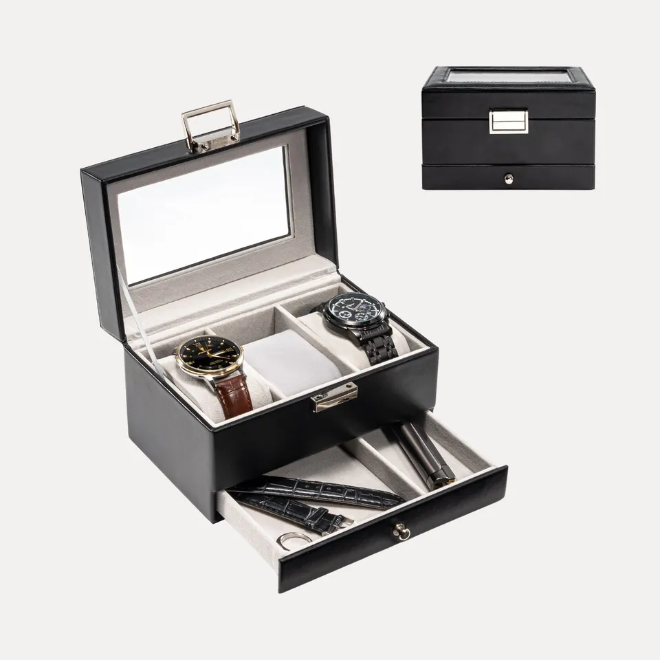 Lolalet Watch Box Uhrenbox Schwarz 3 Fächer mit Glasdeckel