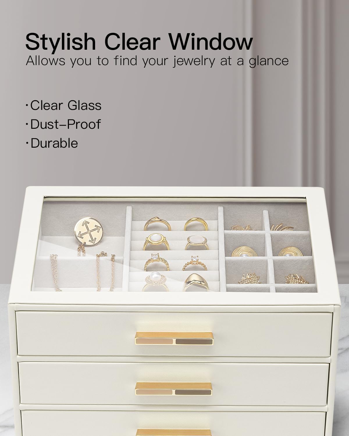 VLANDO Quiet Luxe Schmuckkasten 3 Schubladen Glasdeckel