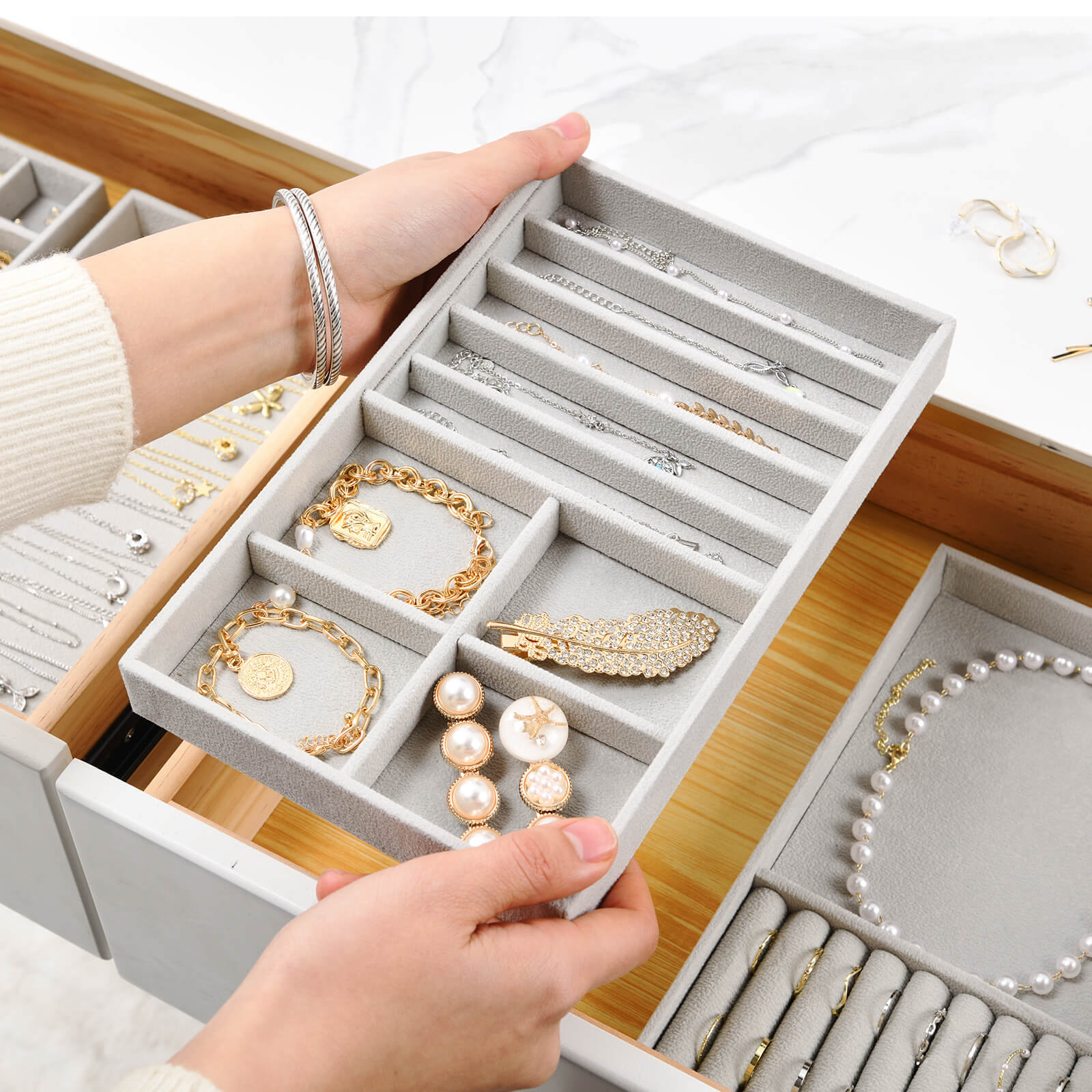 Lolalet Jewelry Tray Schmucktablett Grau 4er-Set stapelbar Samt