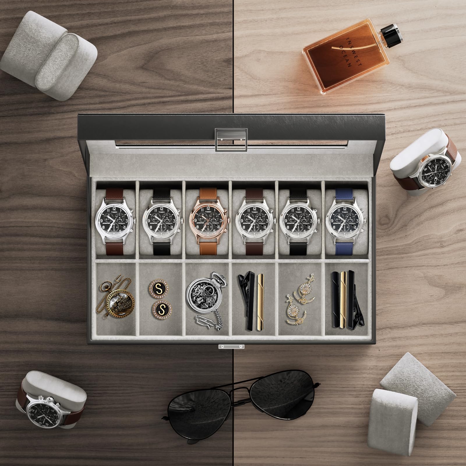 Lolalet Watch Box Uhrenbox Schwarz 12 Fächer Glasdeckel