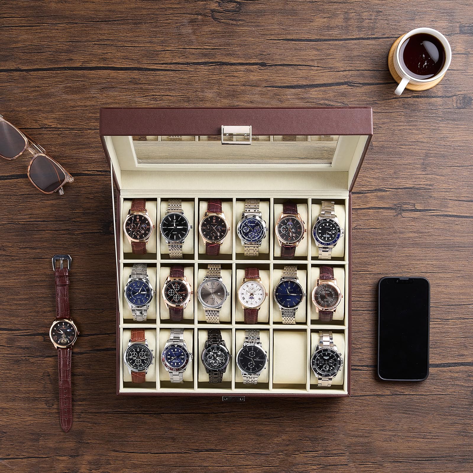 Lolalet Watch Box Uhrenbox Braun 12 Fächer Glas