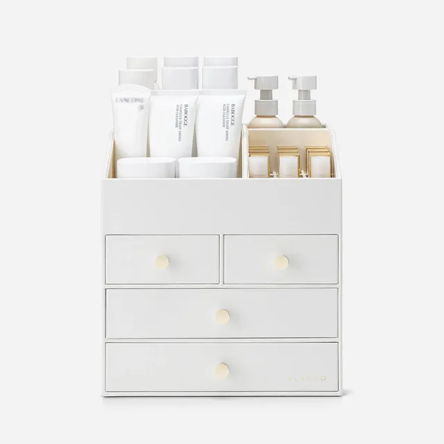 VLANDO Quiet Luxe Schminktisch-Organizer 3 Schubladen Make-up PU-Leder