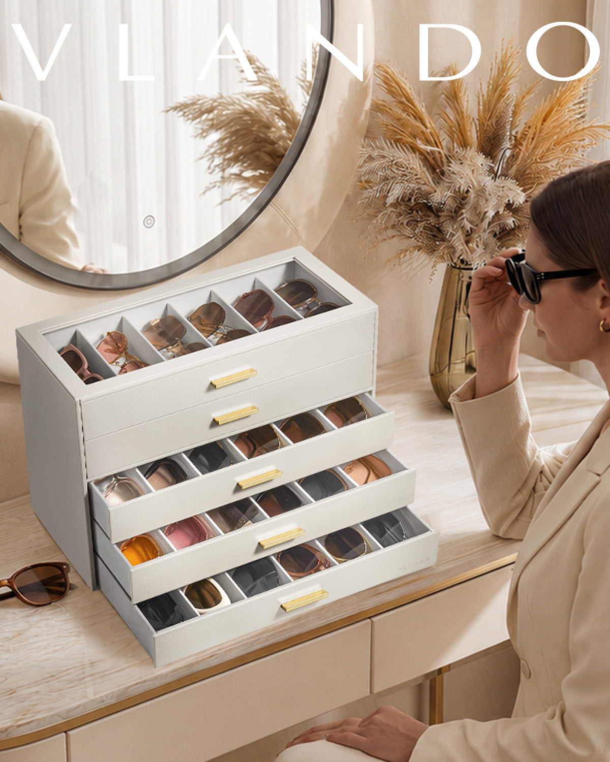 VLANDO Everyday Keepsake Brillenbox 5-stöckig 30 Fächer Cremeweiß