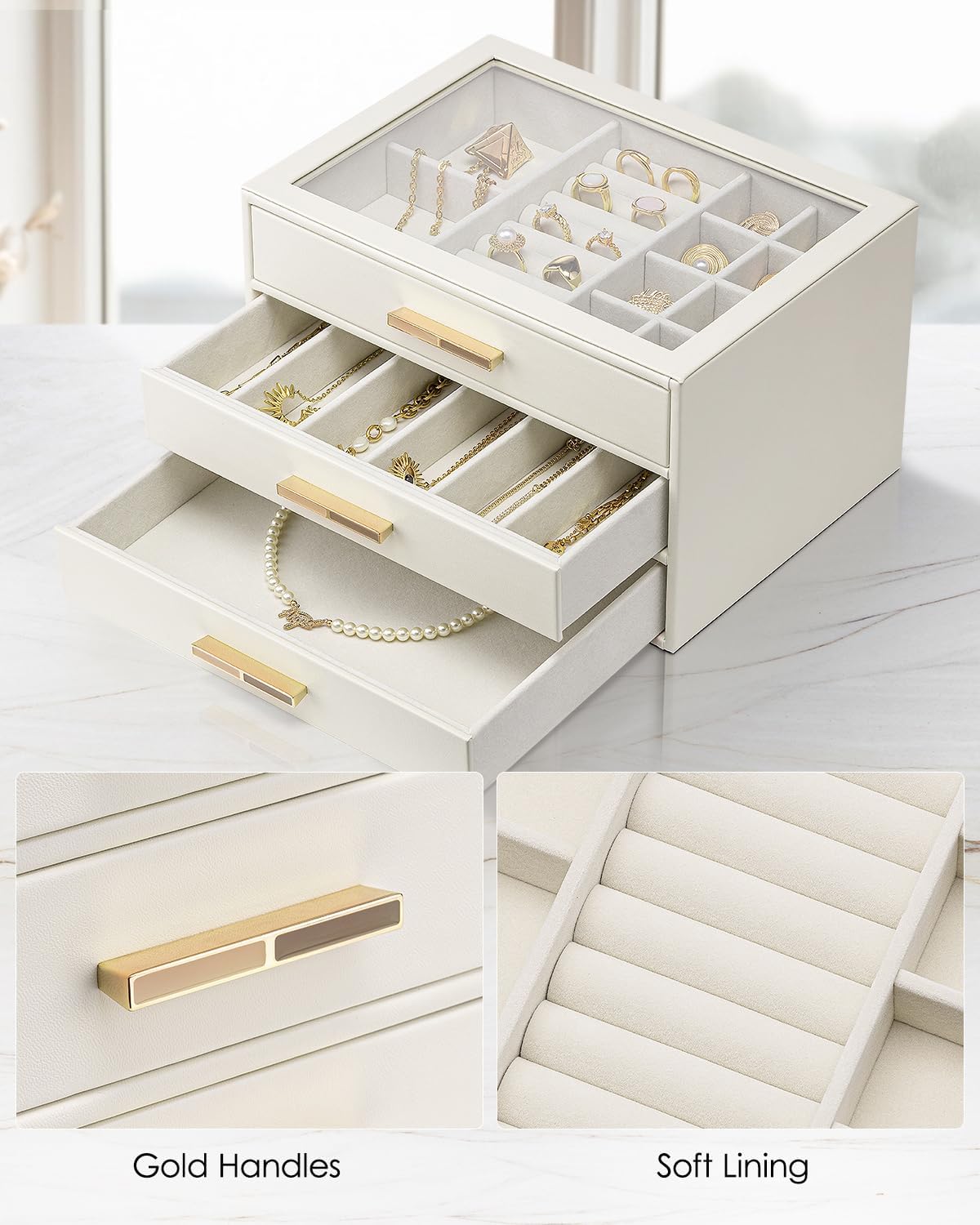 VLANDO Quiet Luxe Schmuckkasten 3 Schubladen Glasdeckel