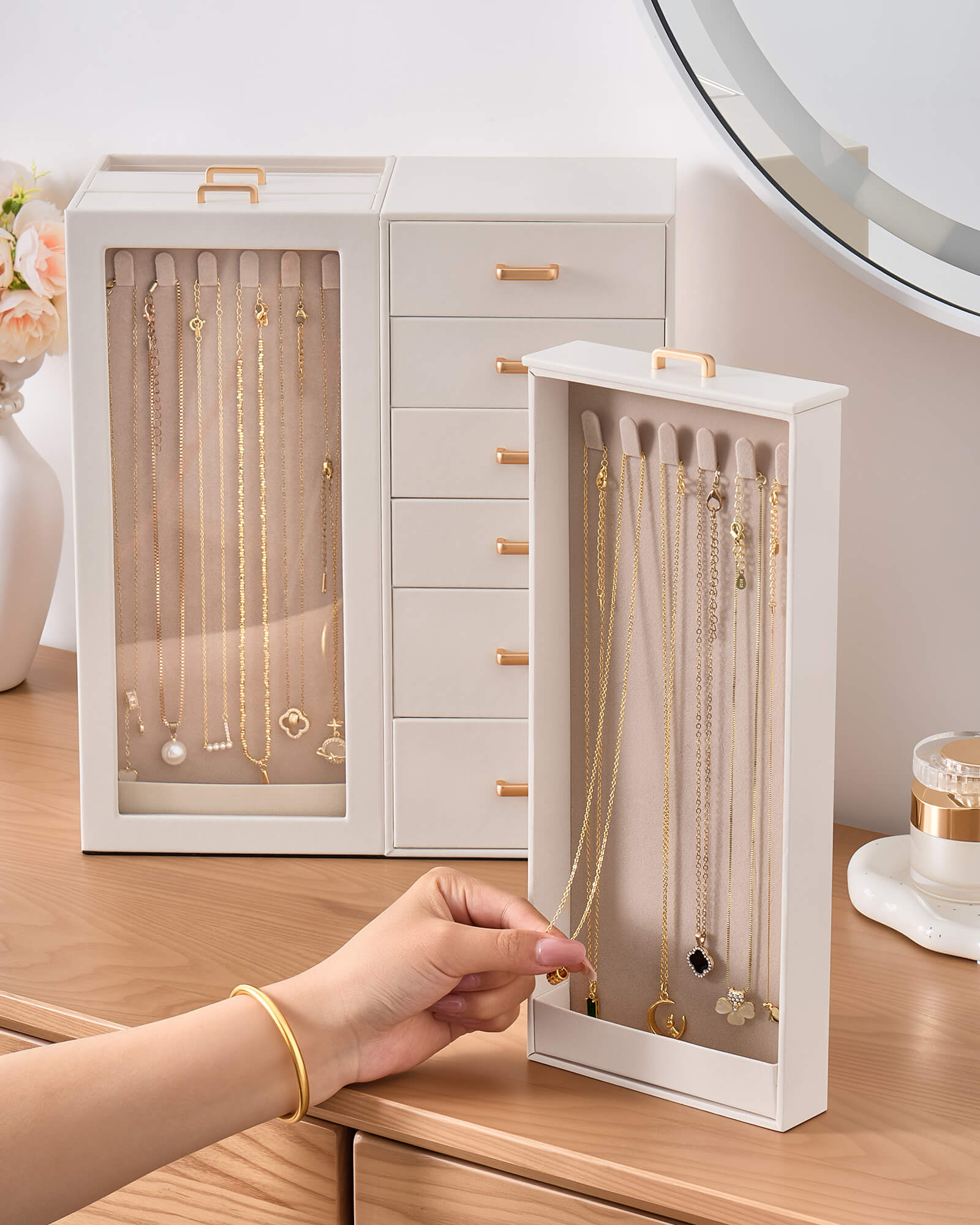 Lolalet Jewelry Box Schmuckkasten Large Beige Kettenhalter Samt
