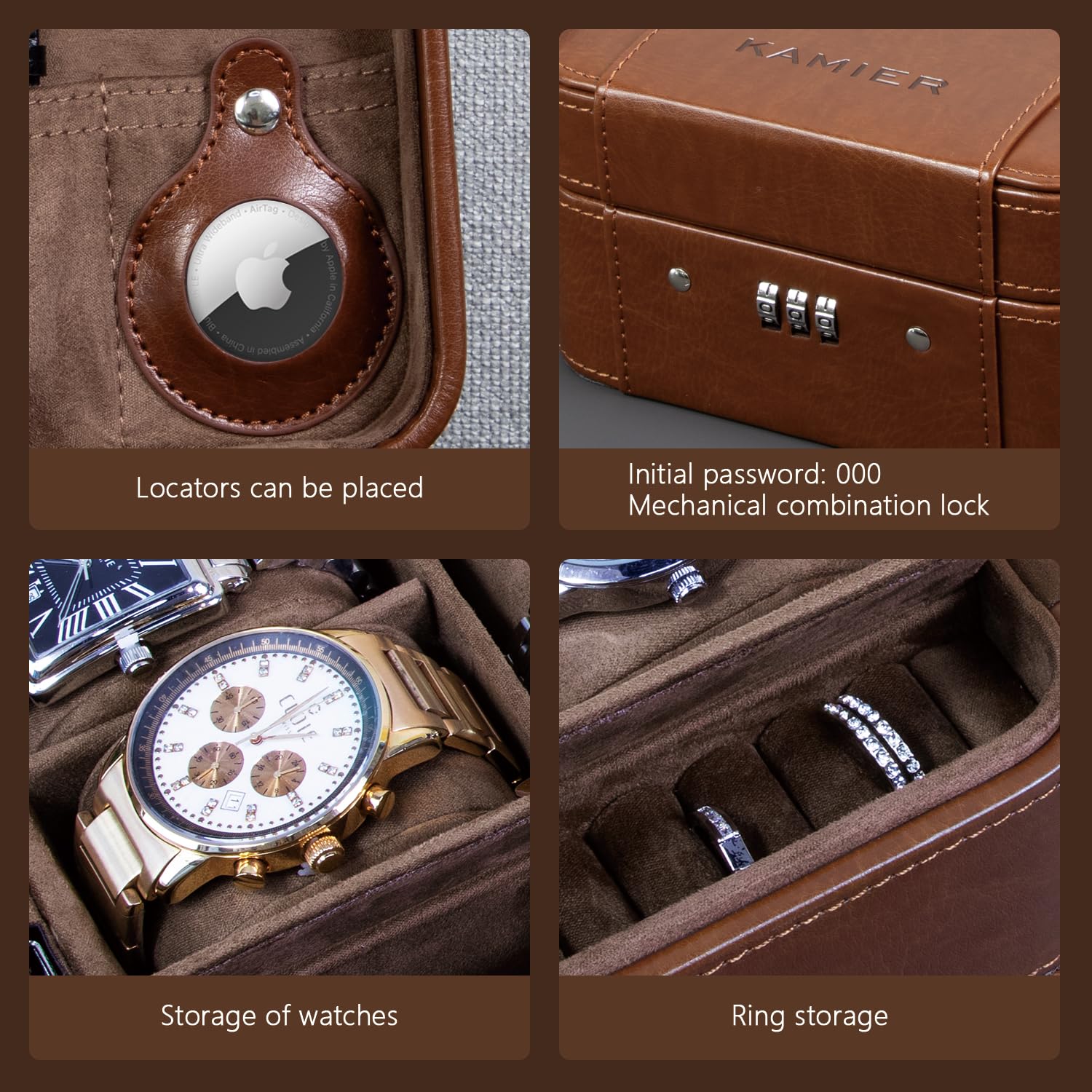 KAMIER Watch Boxes Uhrenbox 4 Uhren Zahlenschloss Leder