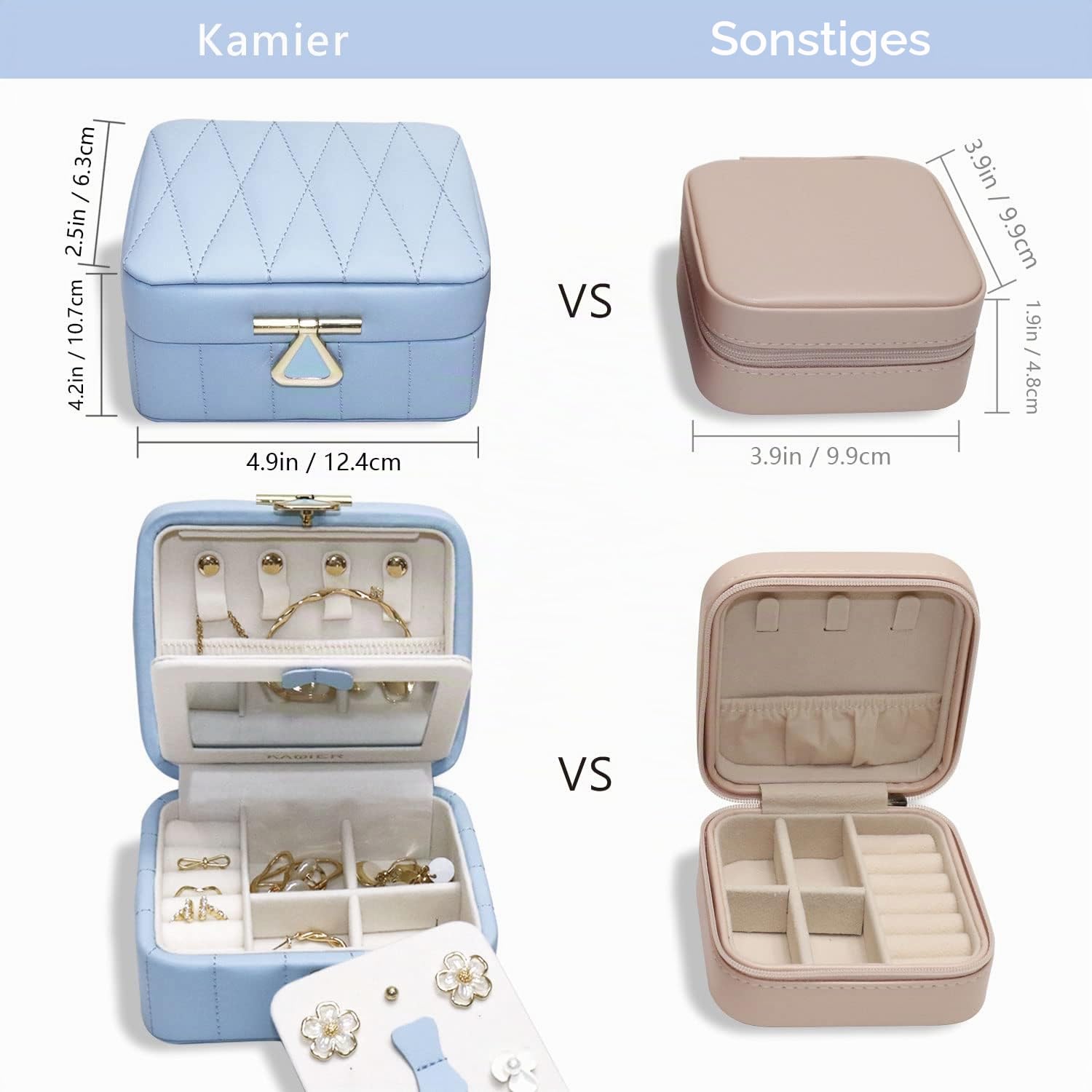 KAMIER Mini Schmuckkästchen Reise Schmuckbox Blau mit Spiegel