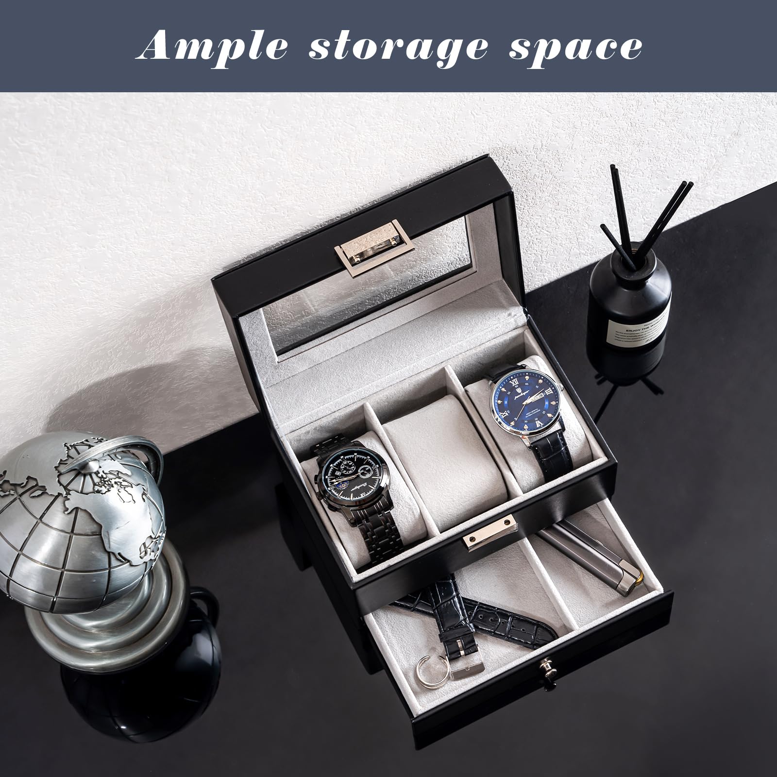 Lolalet Watch Box Uhrenbox Schwarz 3 Fächer mit Glasdeckel