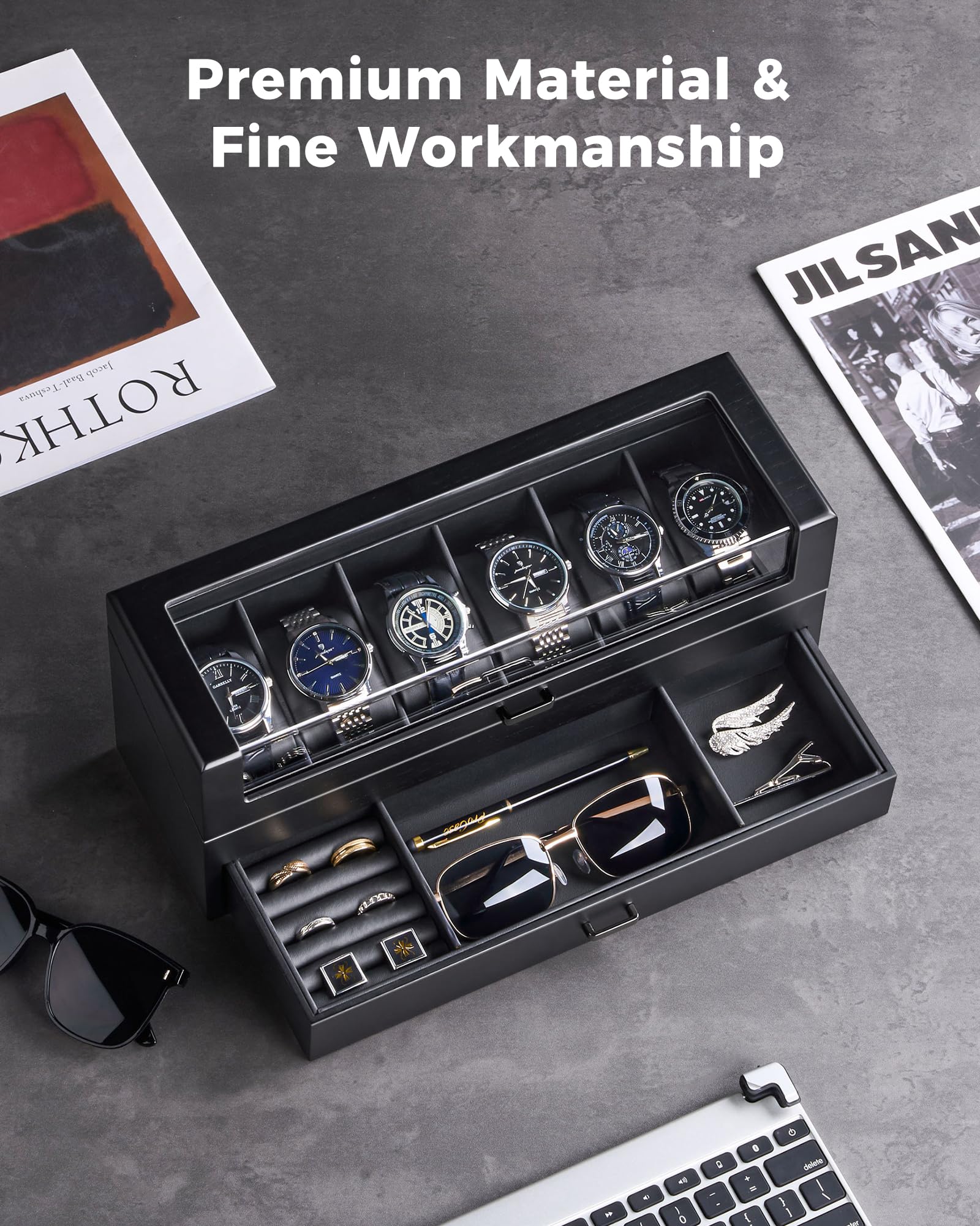 Lolalet Watch Box Uhrenbox Holz schwarz 6 Fächer mit Glas