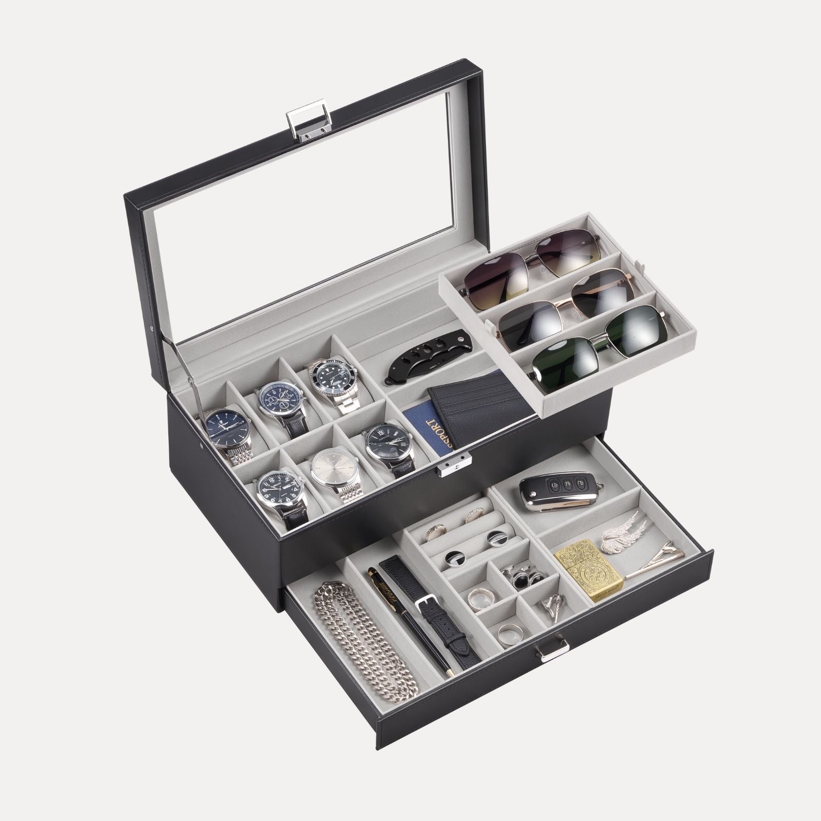 Lolalet Jewelry Box Schmuckkasten Grau 6 Uhren Glasdeckel