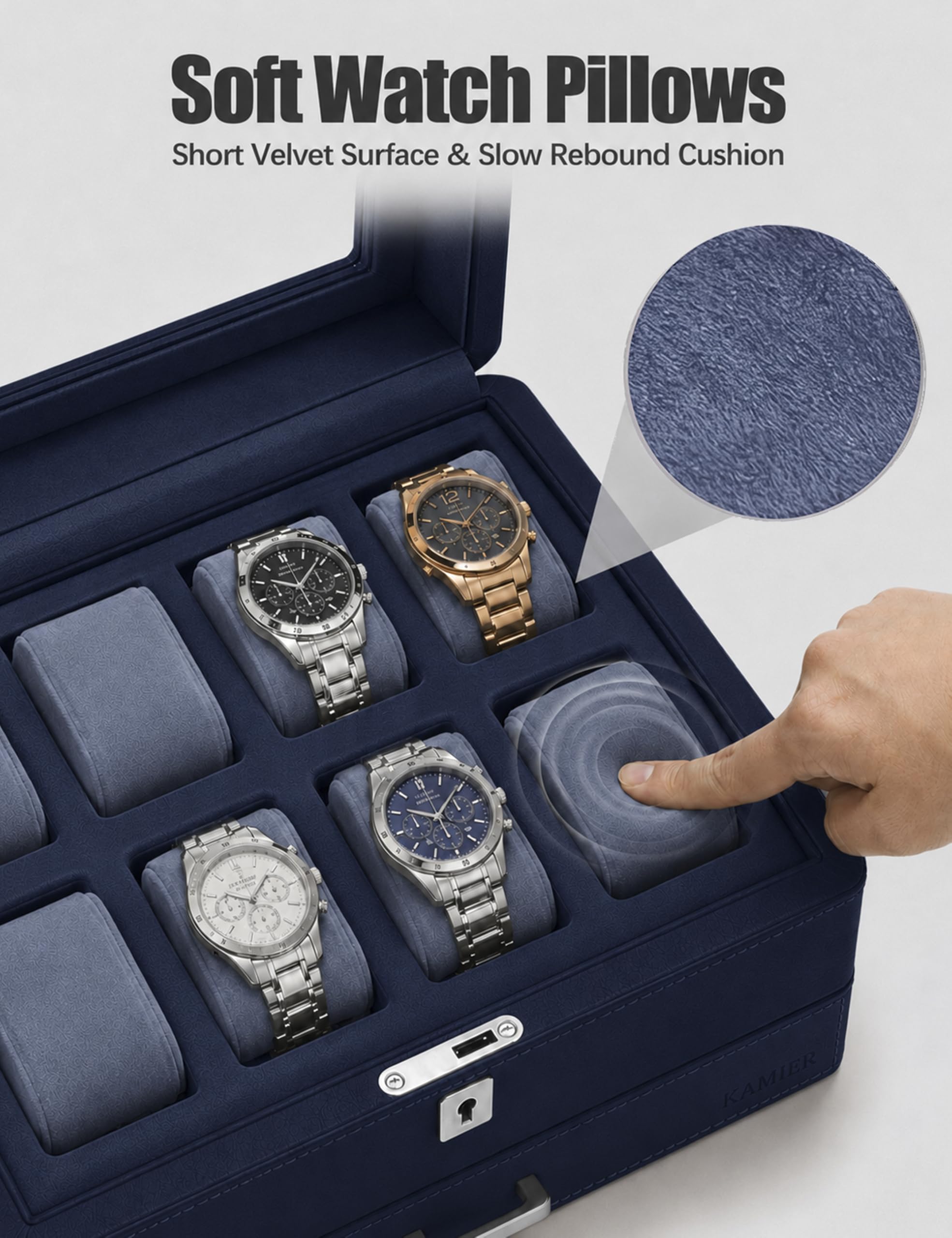 KAMIER Watch Boxes Uhrenbox 8 Uhren Blau 2 Ebenen Samt