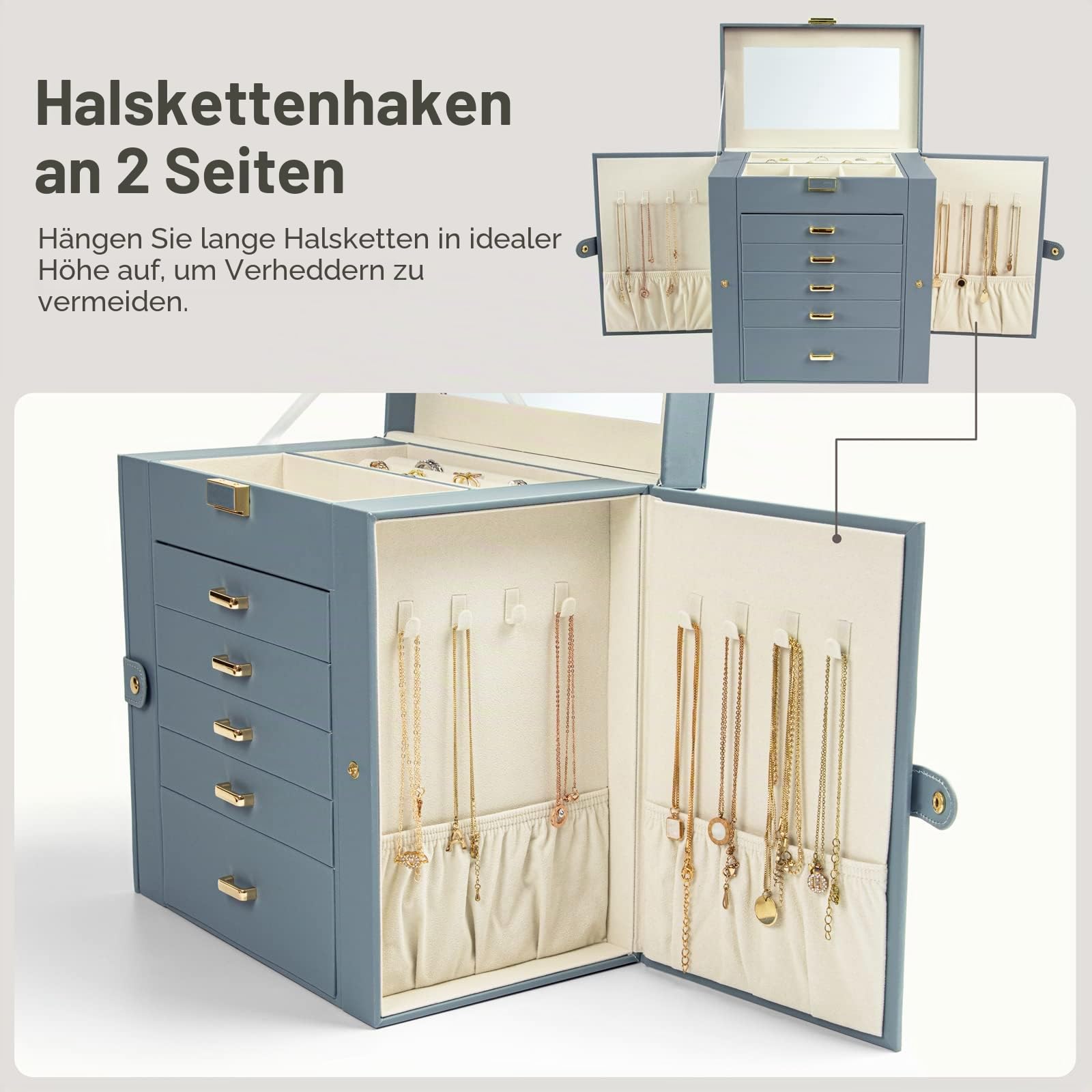 KAMIER Large Schmuckkästchen 6 Ebenen Blaugrau Spiegel
