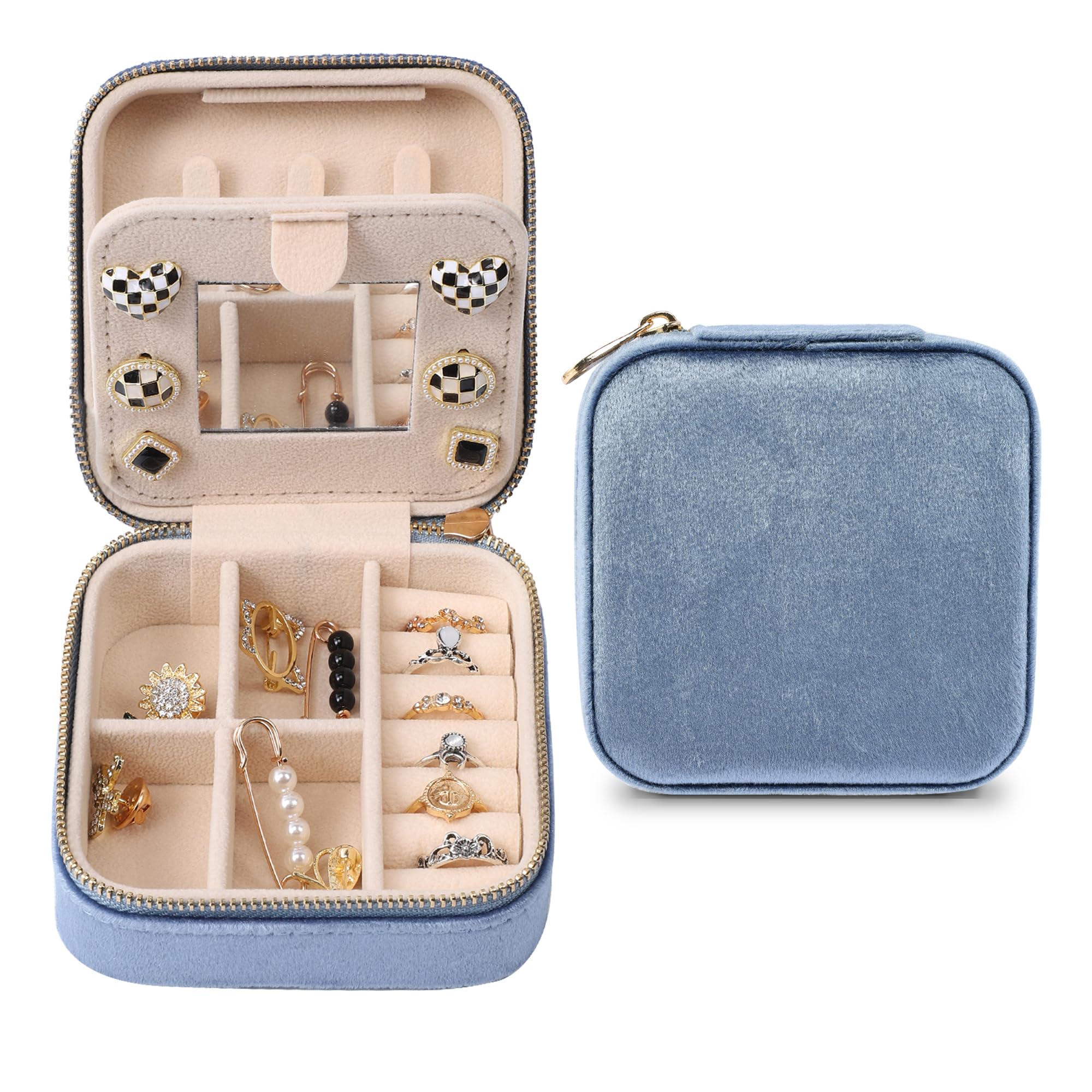 Dajasan Small Jewelry Box Schmuckbox Blau Samt Spiegel