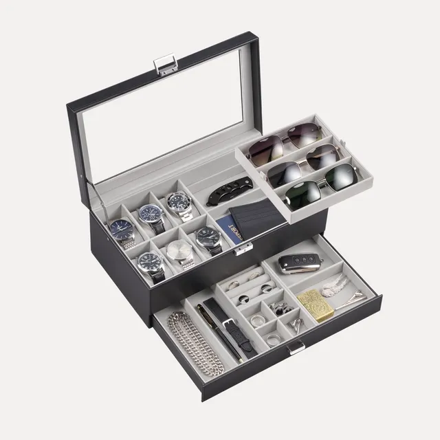 Lolalet Jewelry Box Schmuckkasten Grau 6 Uhren Glasdeckel