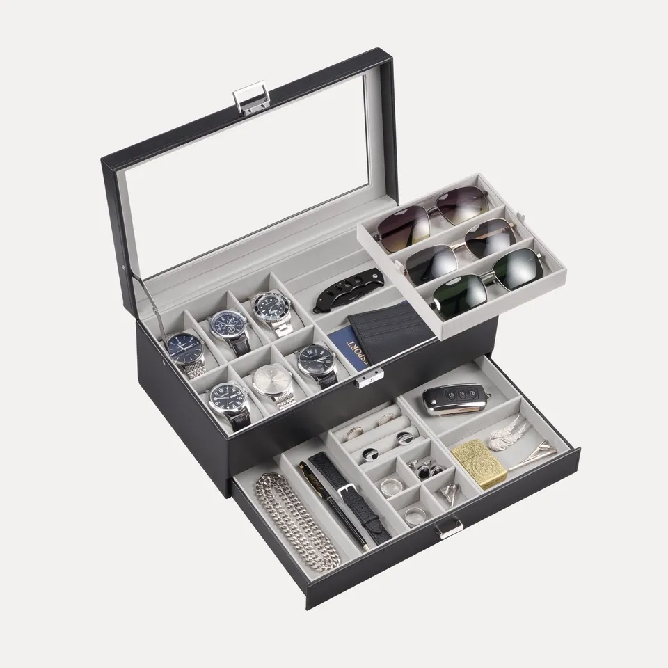 Lolalet Jewelry Box Schmuckkasten Grau 6 Uhren Glasdeckel