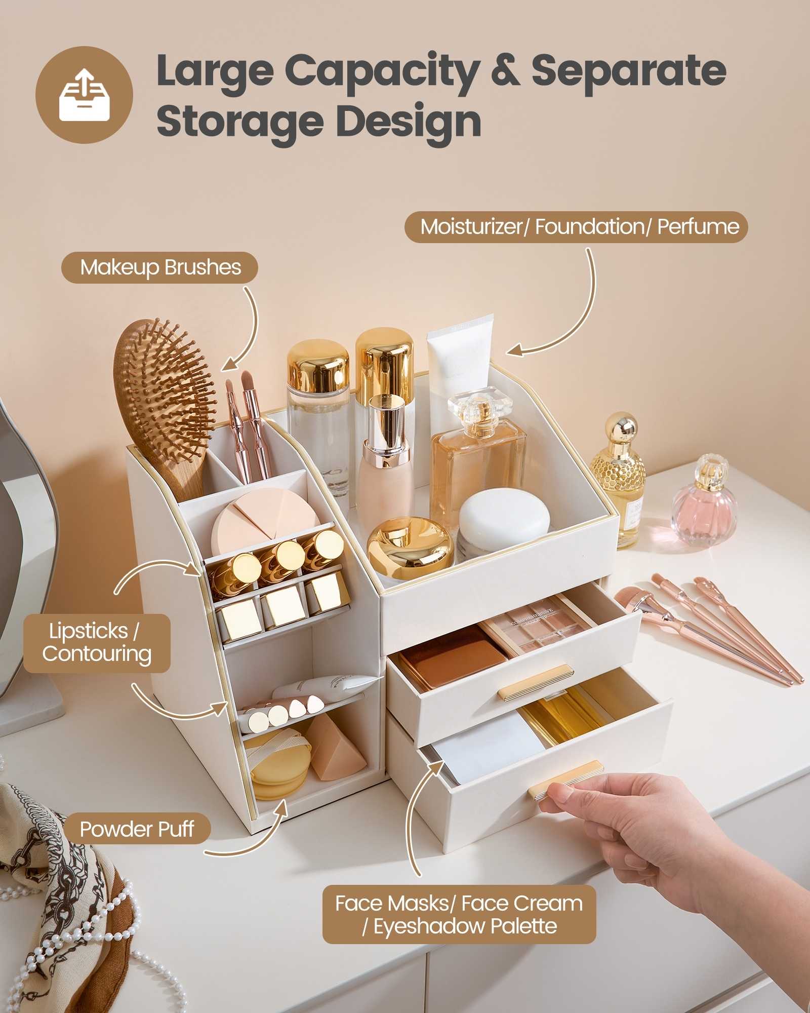 Lolalet Makeup Organizer Schminktisch Weiß mit Schublade Leder