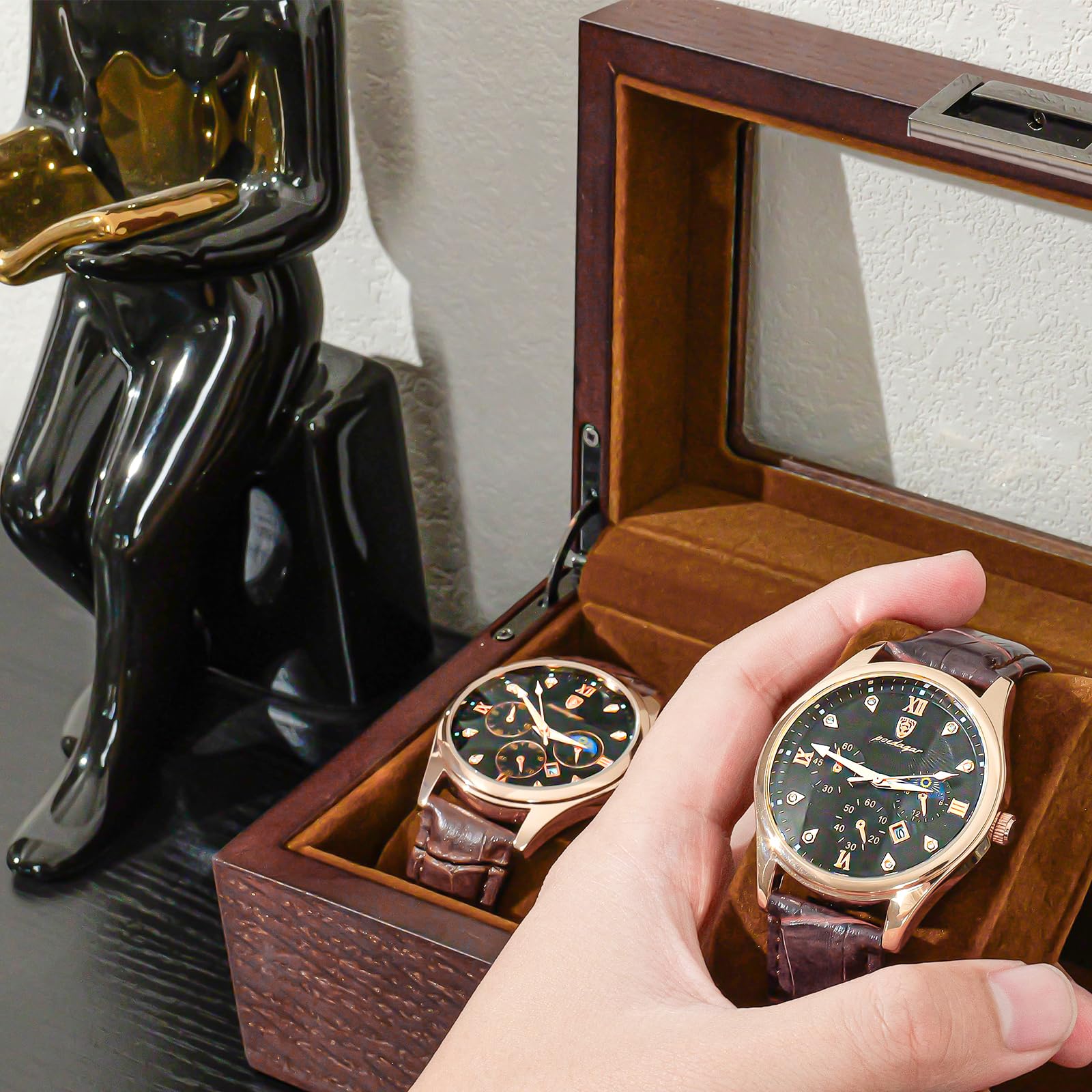 Lolalet Watch Box Uhrenbox Holz Espresso 6 Fächer Glas