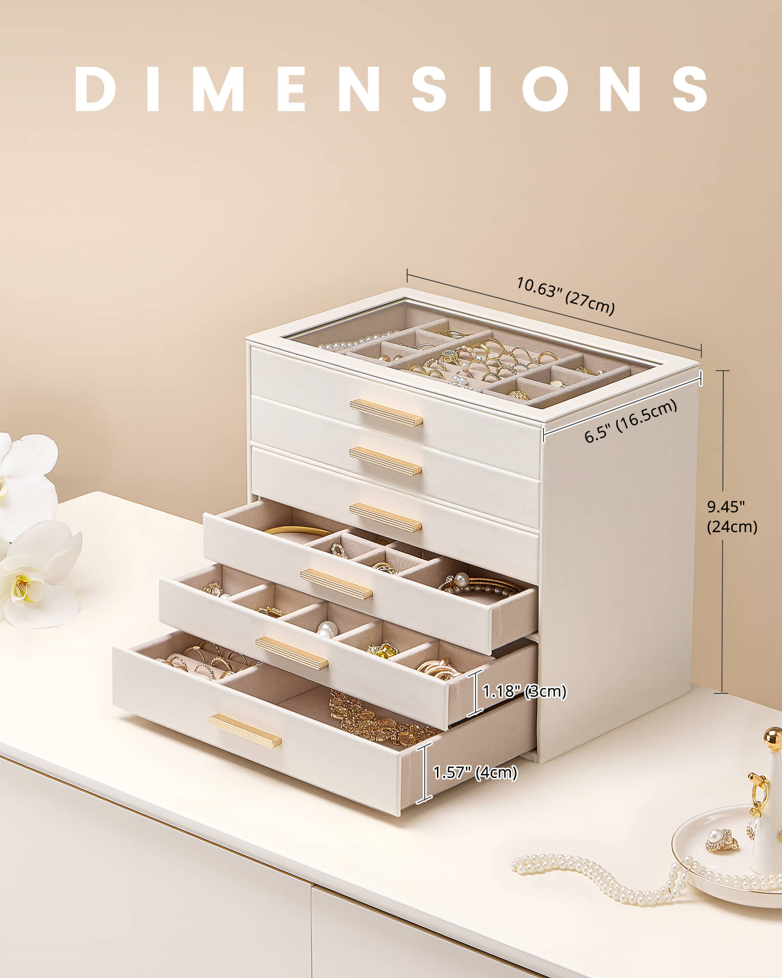 Lolalet Jewelry Box Schmuckkästchen Beige 6 Lagen Glasdeckel