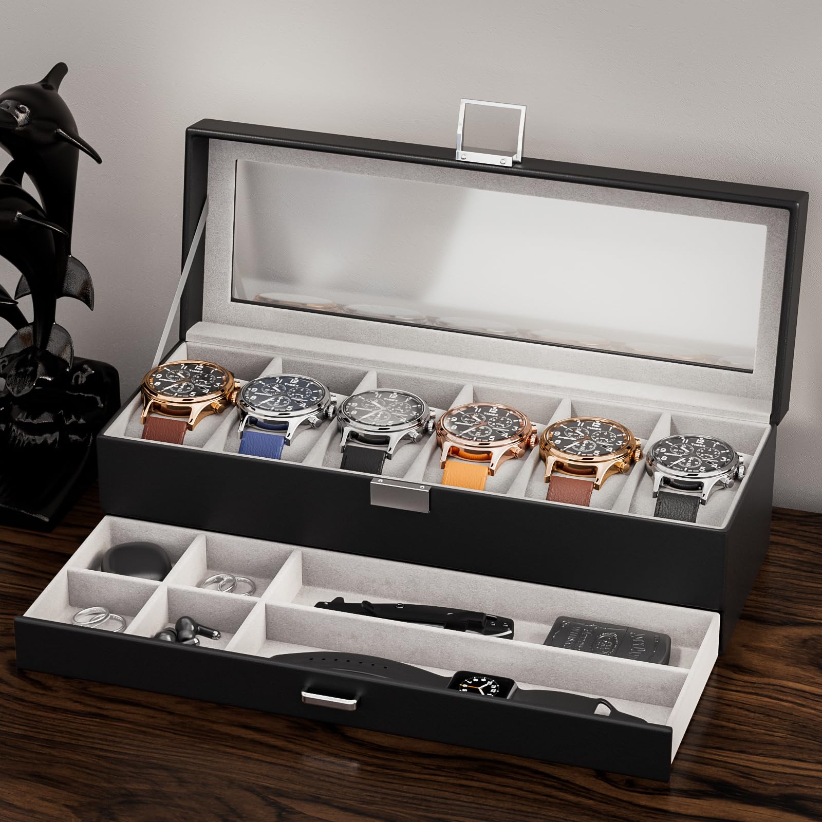 Lolalet Watch Box Uhrenbox Schwarz 6 Fächer Glasdeckel