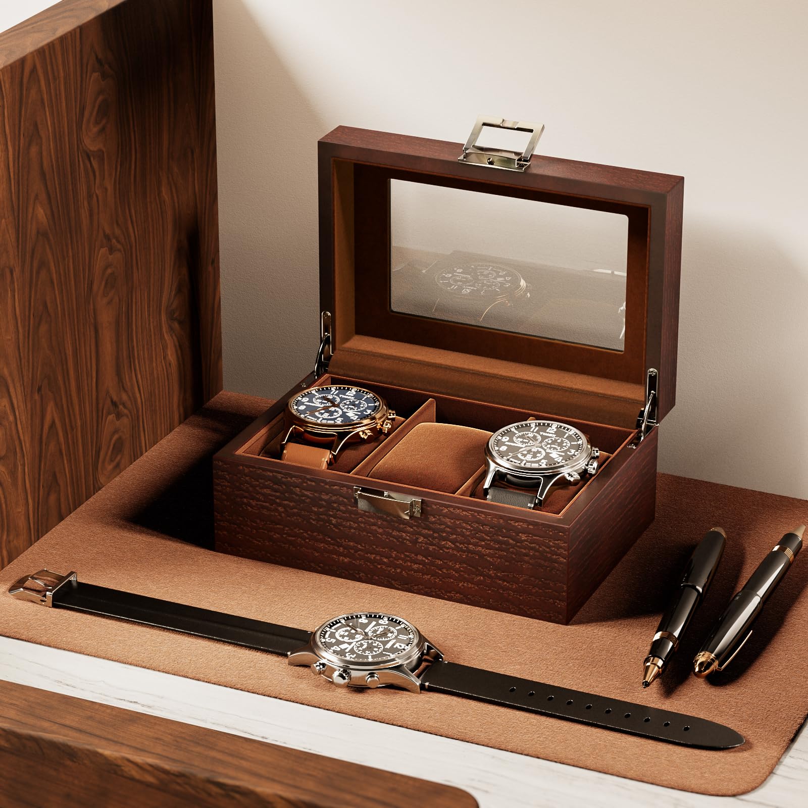 Lolalet Watch Box Uhrenbox Holz Espresso 6 Fächer Glas