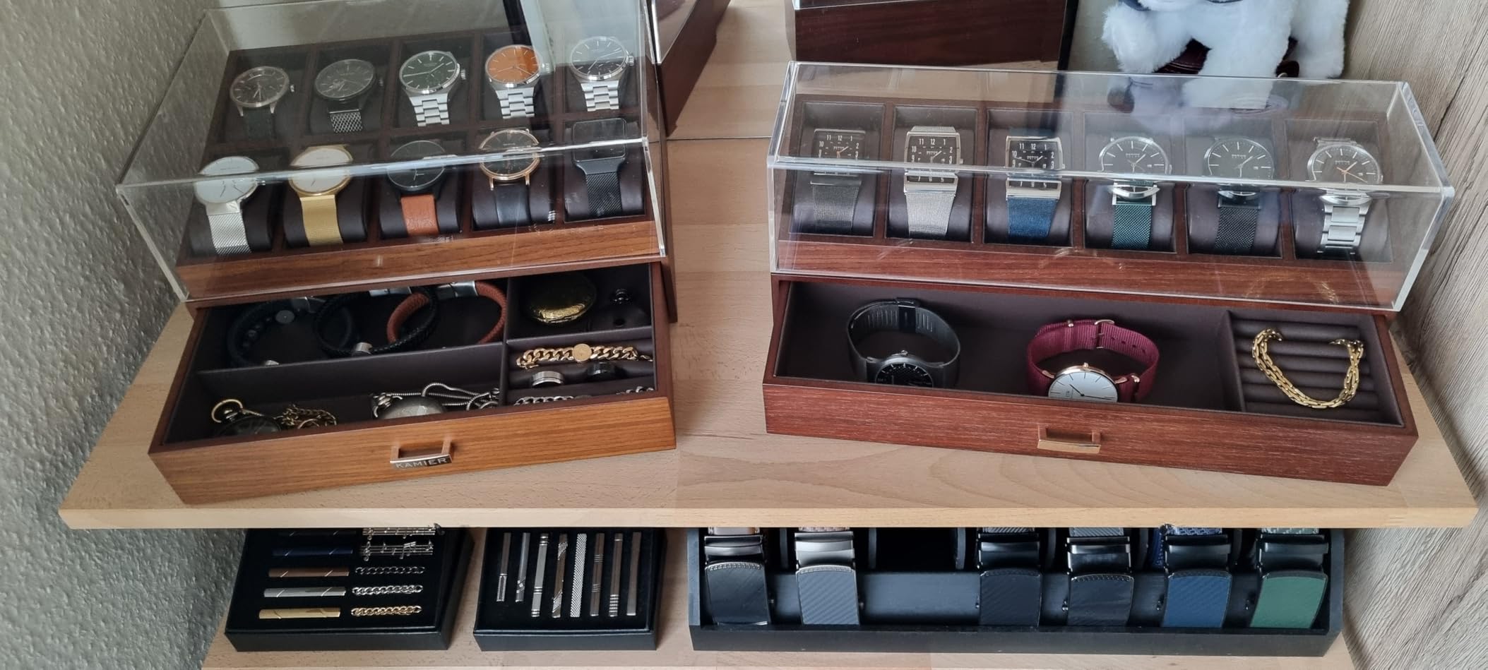KAMIER Watch Boxes Uhrenbox Holz 6 Uhren mit Schublade Walnuss