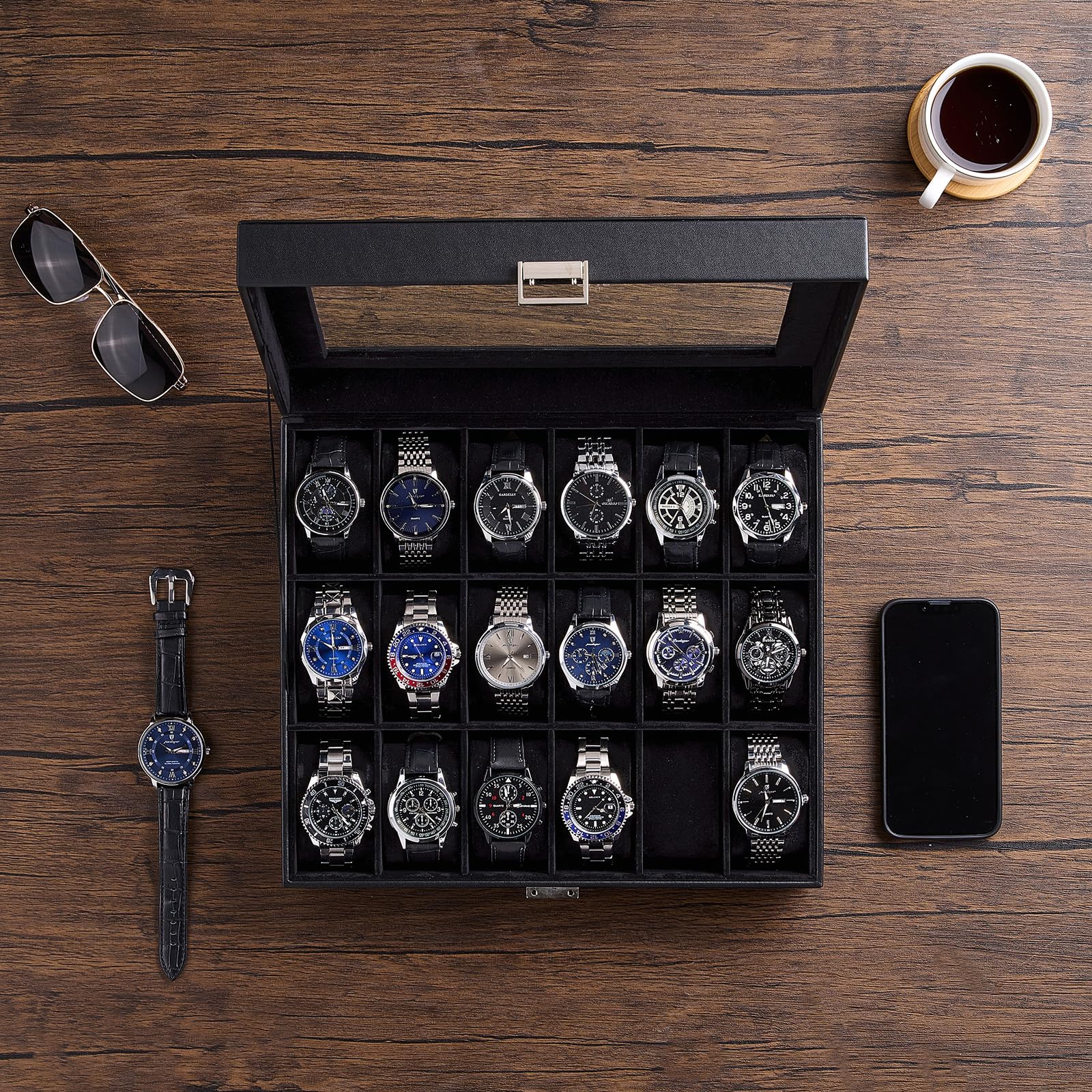 Lolalet Watch Box Uhrenbox Schwarz 6 Fächer Glasdeckel