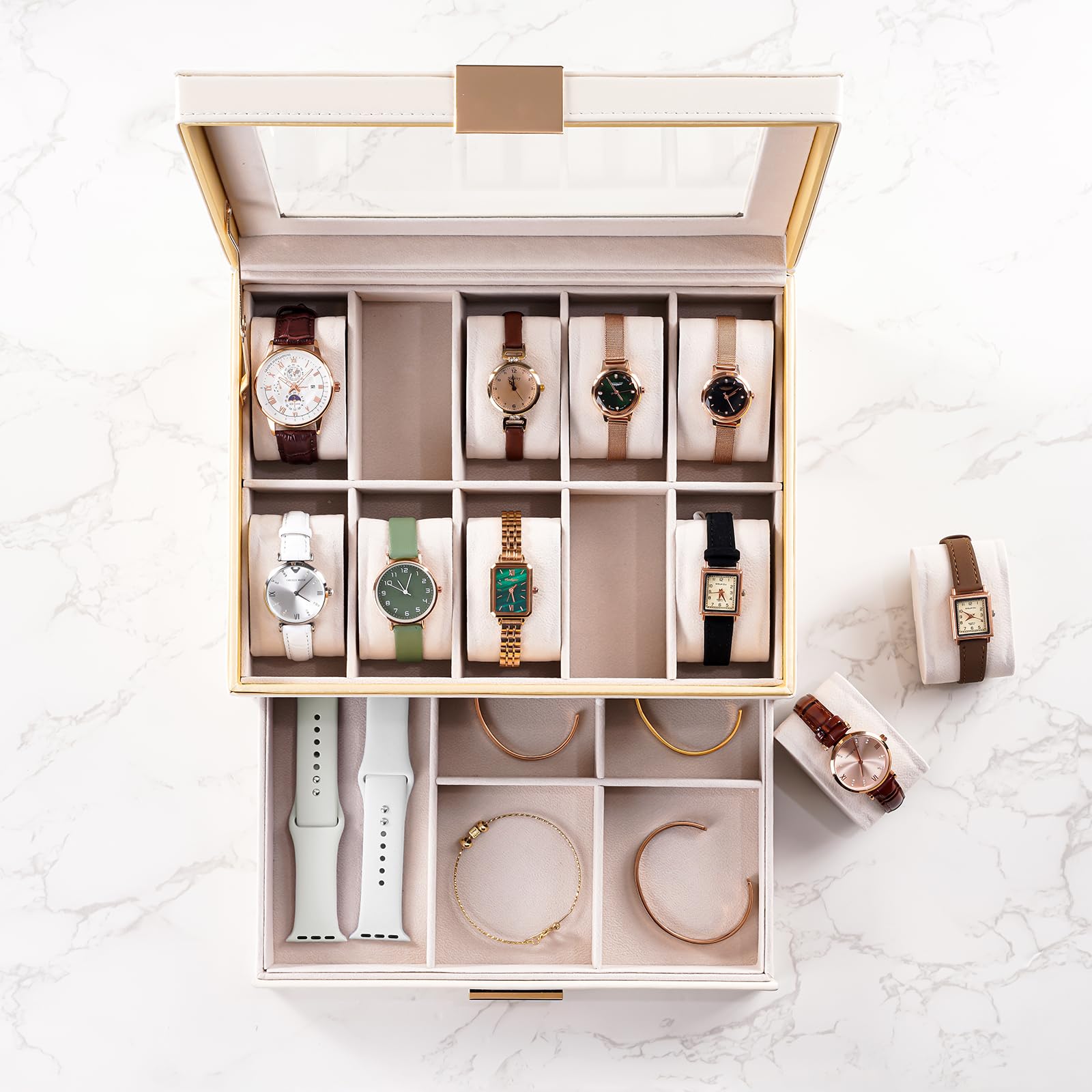 Lolalet Watch Box Uhrenbox Schwarz 10 Fächer mit Schublade