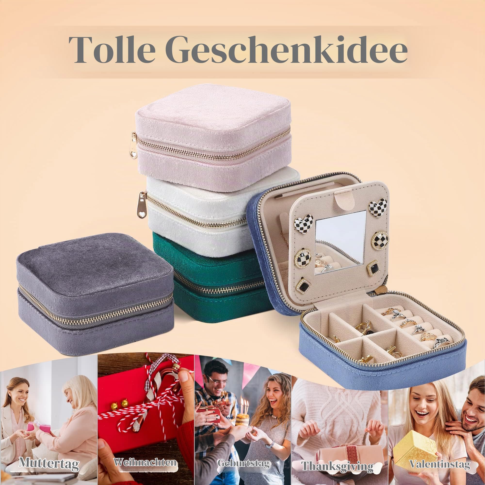 Dajasan Small Jewelry Box Schmuckbox Blau Samt Spiegel