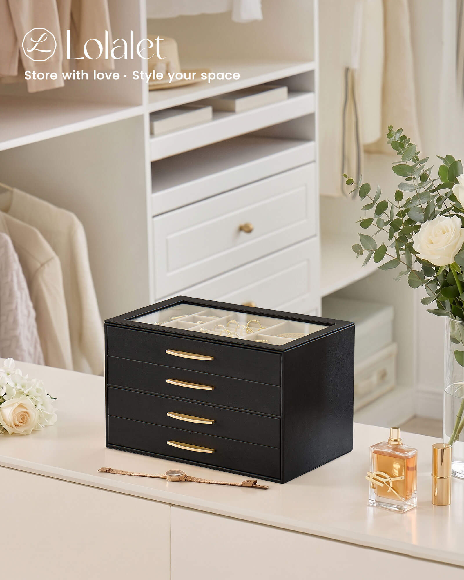Lolalet Jewelry Box Schmuckkasten 4-lagig Schwarz Glasdeckel