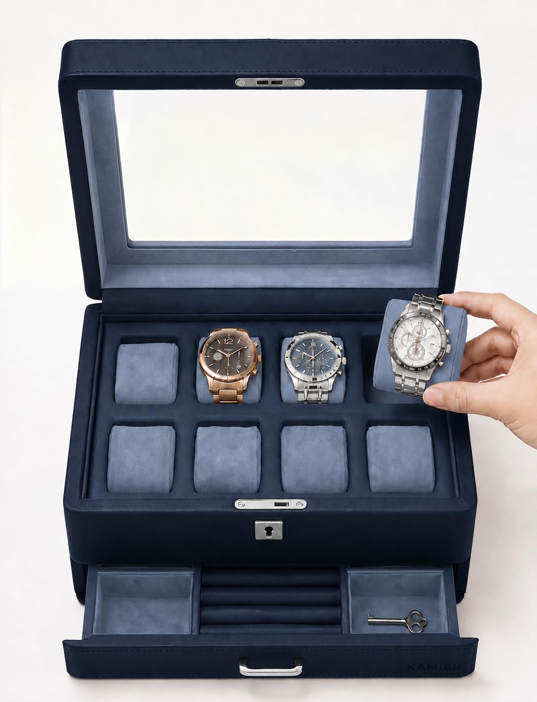 KAMIER Watch Boxes Uhrenbox 8 Uhren Blau 2 Ebenen Samt