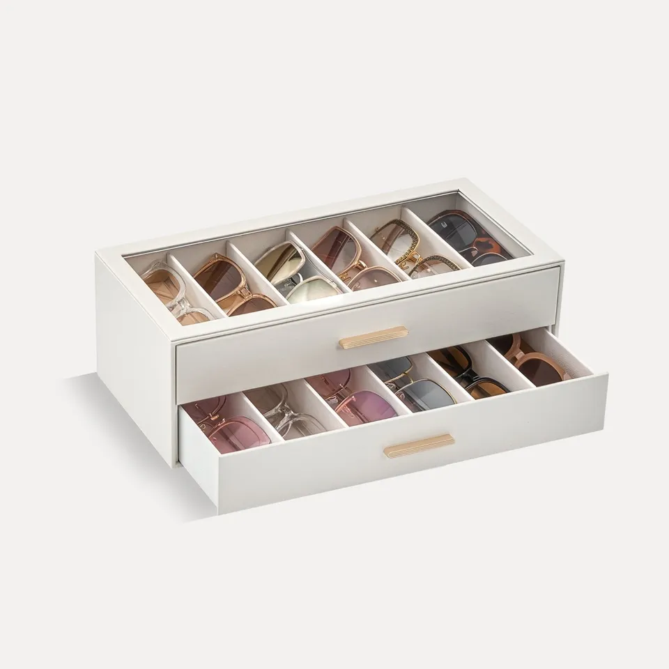 Lolalet Sunglass Box Brillenbox Beige 12 Fächer Glasdeckel