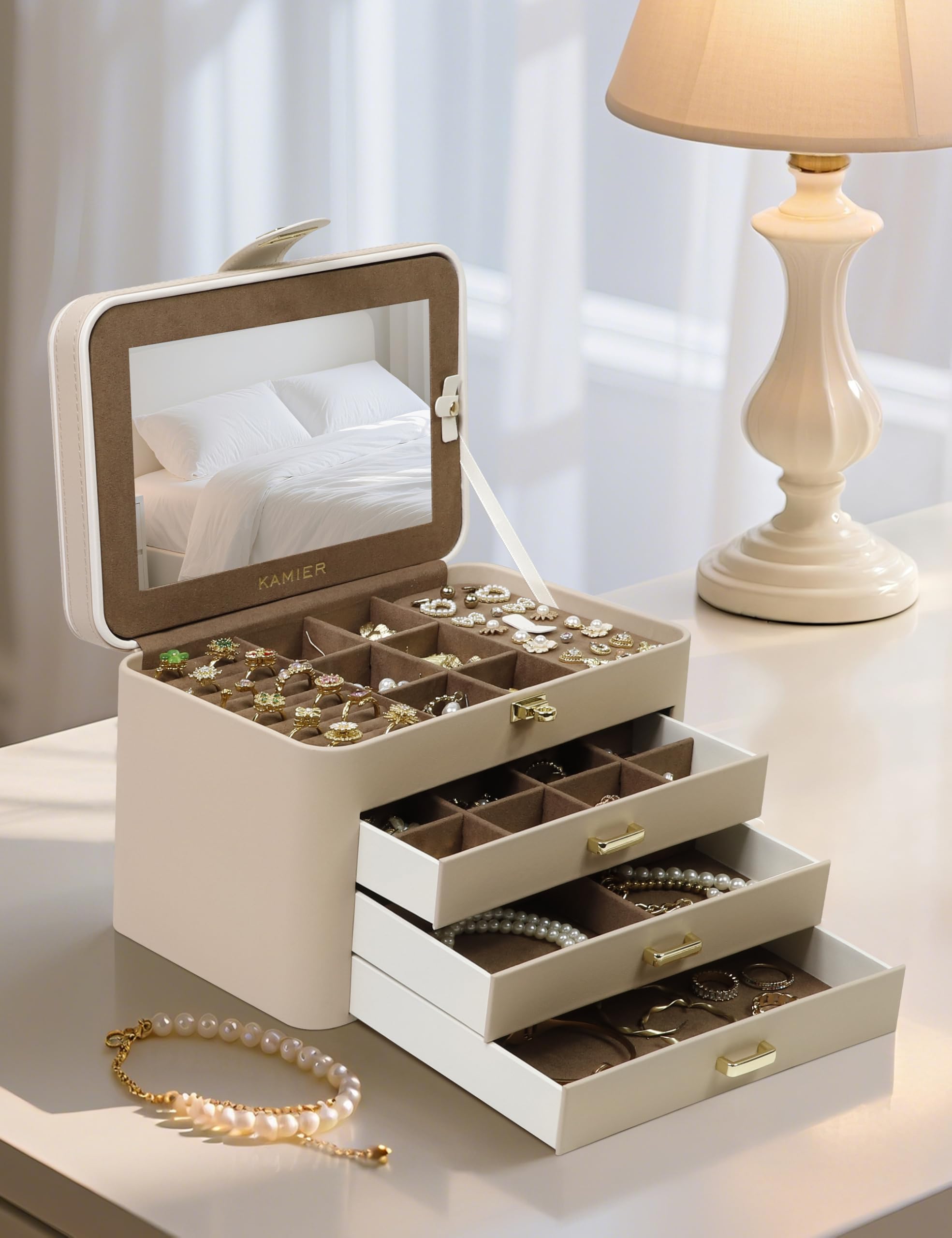 KAMIER Large Jewelry Boxes Schmuckkästchen Beige 4 Ebenen mit Spiegel