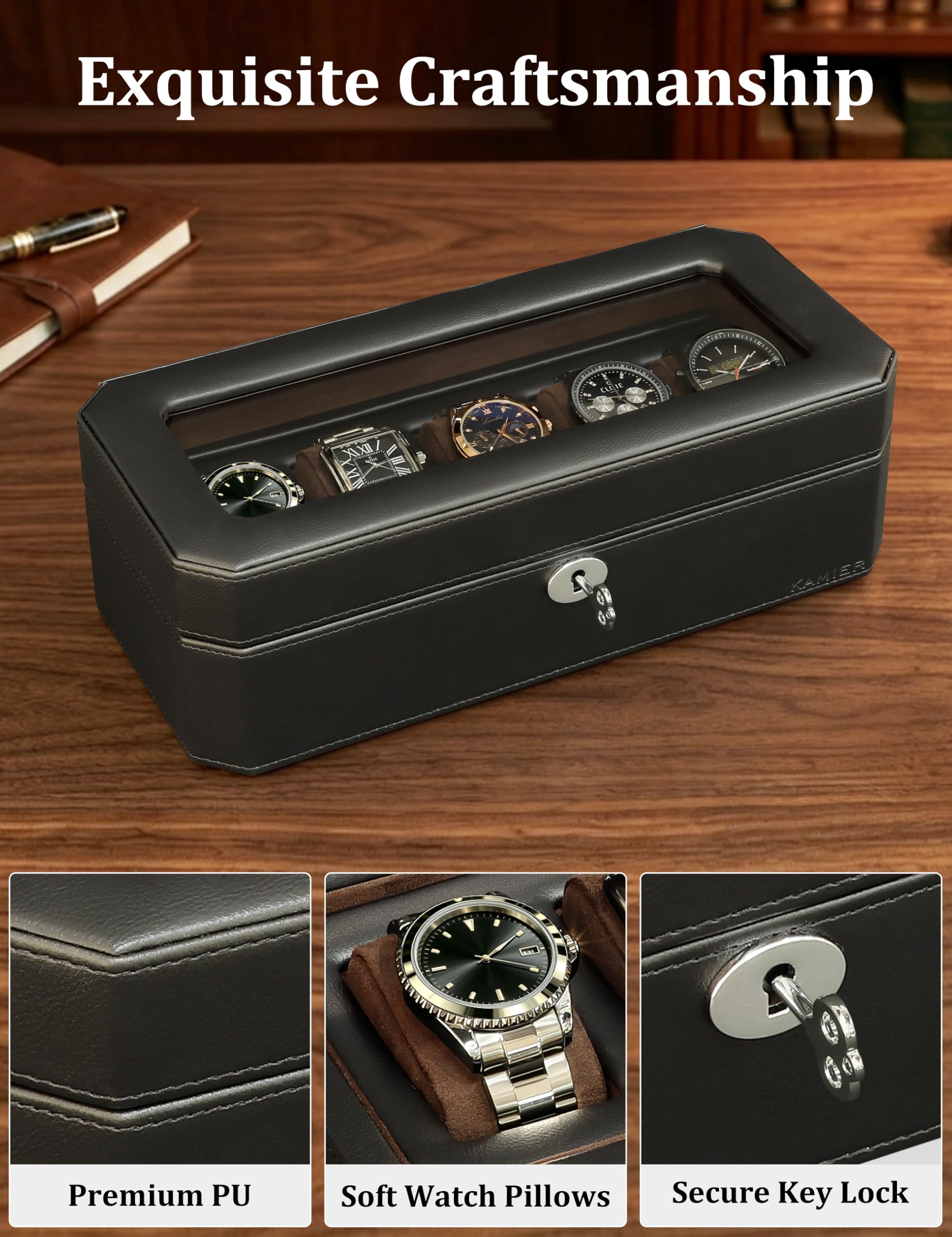 KAMIER Watch Boxes Uhrenbox 5 Fächer Schwarz PU-Leder Schloss