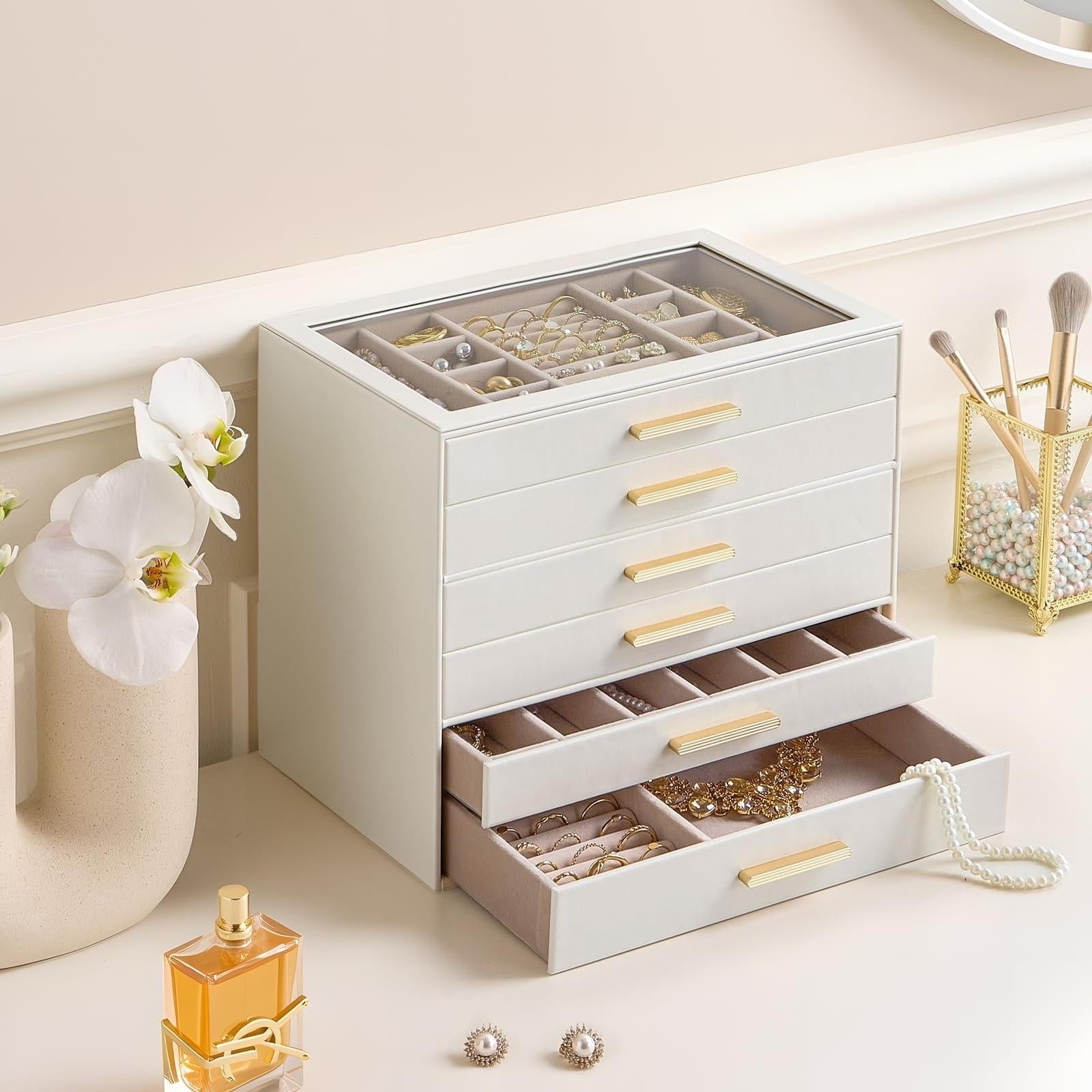 Lolalet Jewelry Box Schmuckkästchen Beige 6 Lagen Glasdeckel