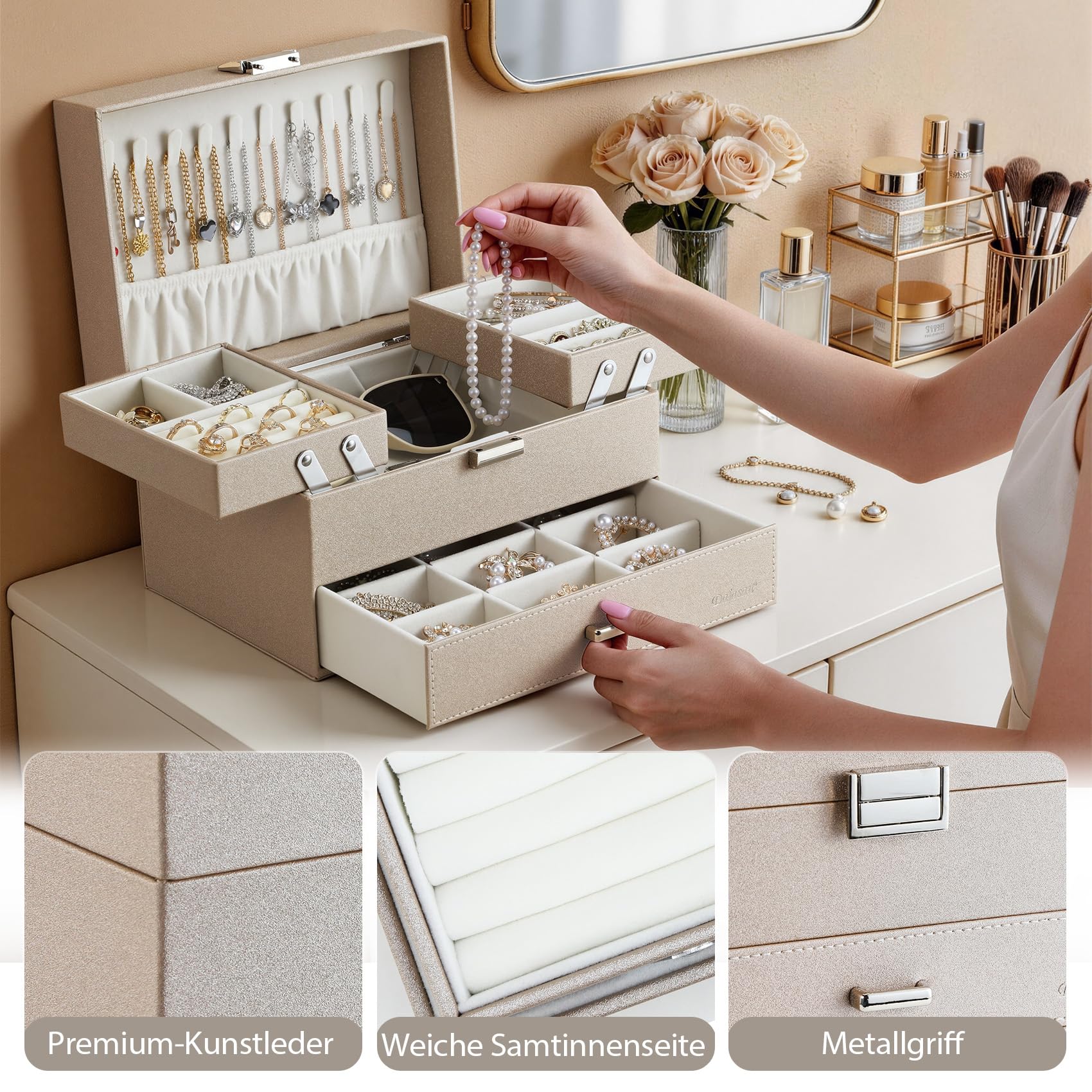 Dajasan Large Jewelry Box Schmuckkästchen Champagner 3 Ebenen