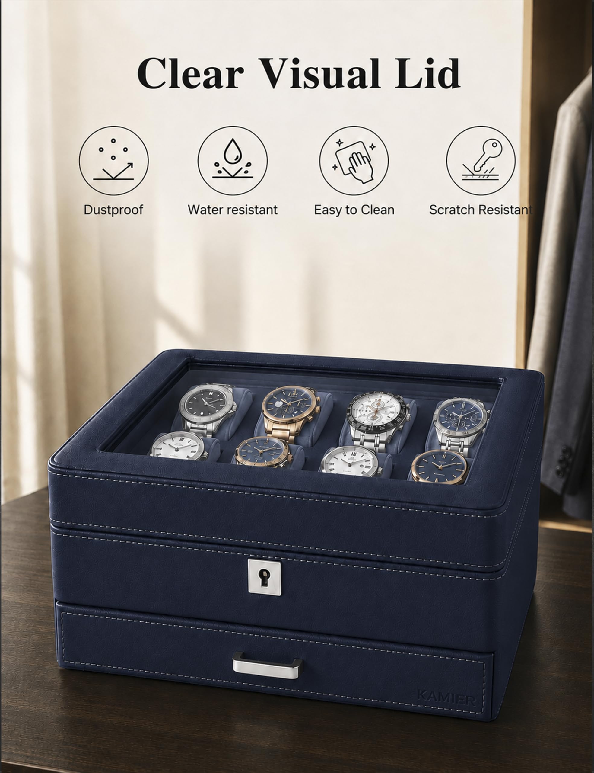 KAMIER Watch Boxes Uhrenbox 8 Uhren Blau 2 Ebenen Samt