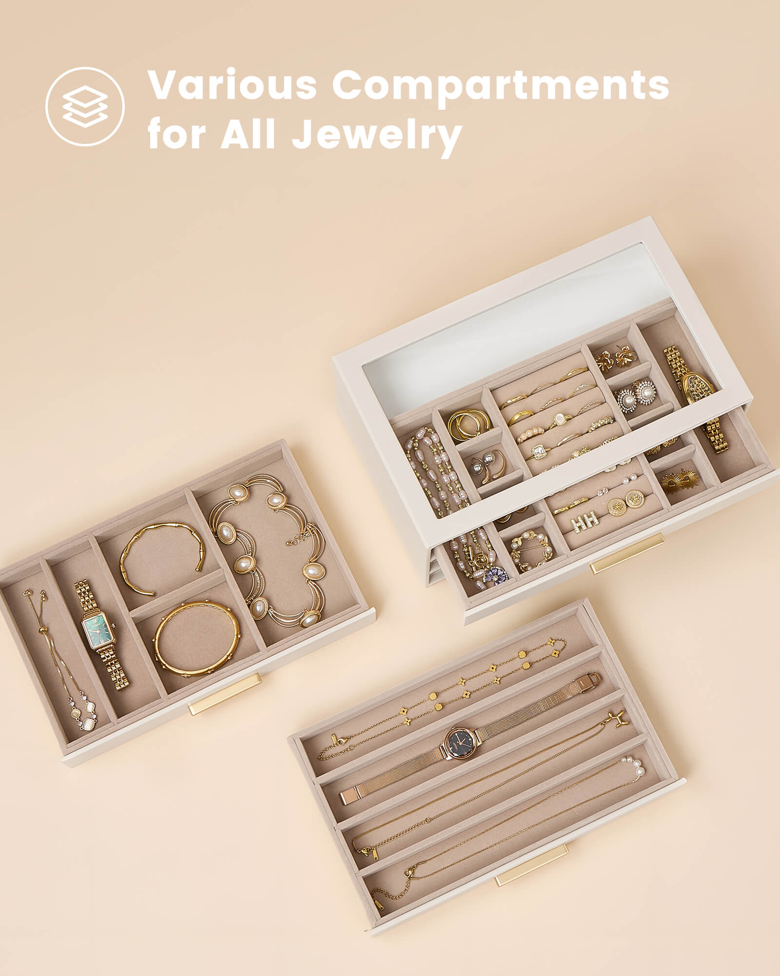 Lolalet Jewelry Box Schmuckkästchen Beige 5-lagig Glasdeckel