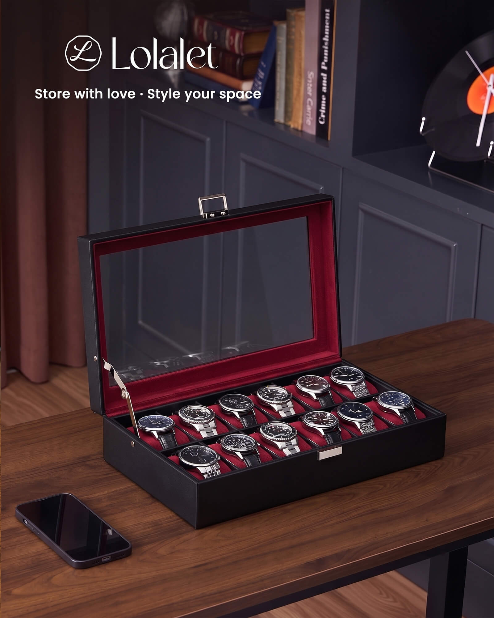Lolalet Watch Box Uhrenbox 12 Fächer Schwarz 1-lagig Glas