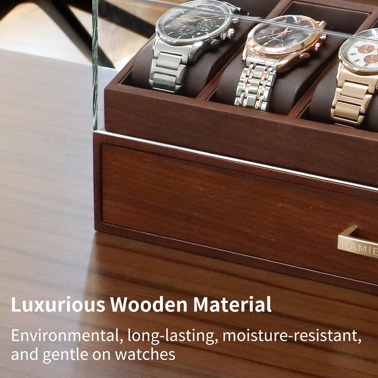 KAMIER Watch Boxes Uhrenbox Holz 6 Uhren mit Schublade Walnuss