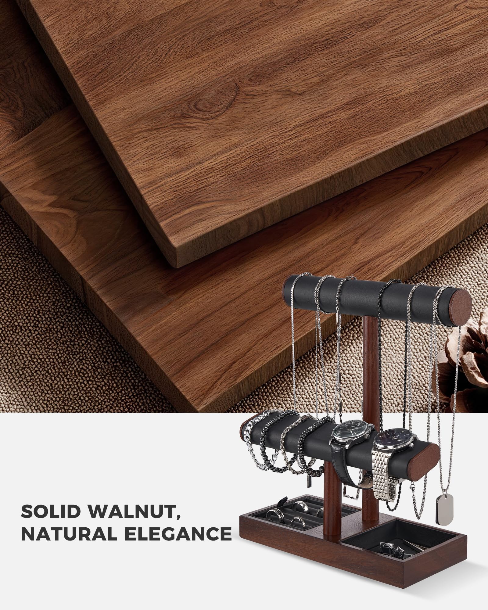 Lolalet Jewelry Stand Uhrenständer Holz Braun T-Bar Leder
