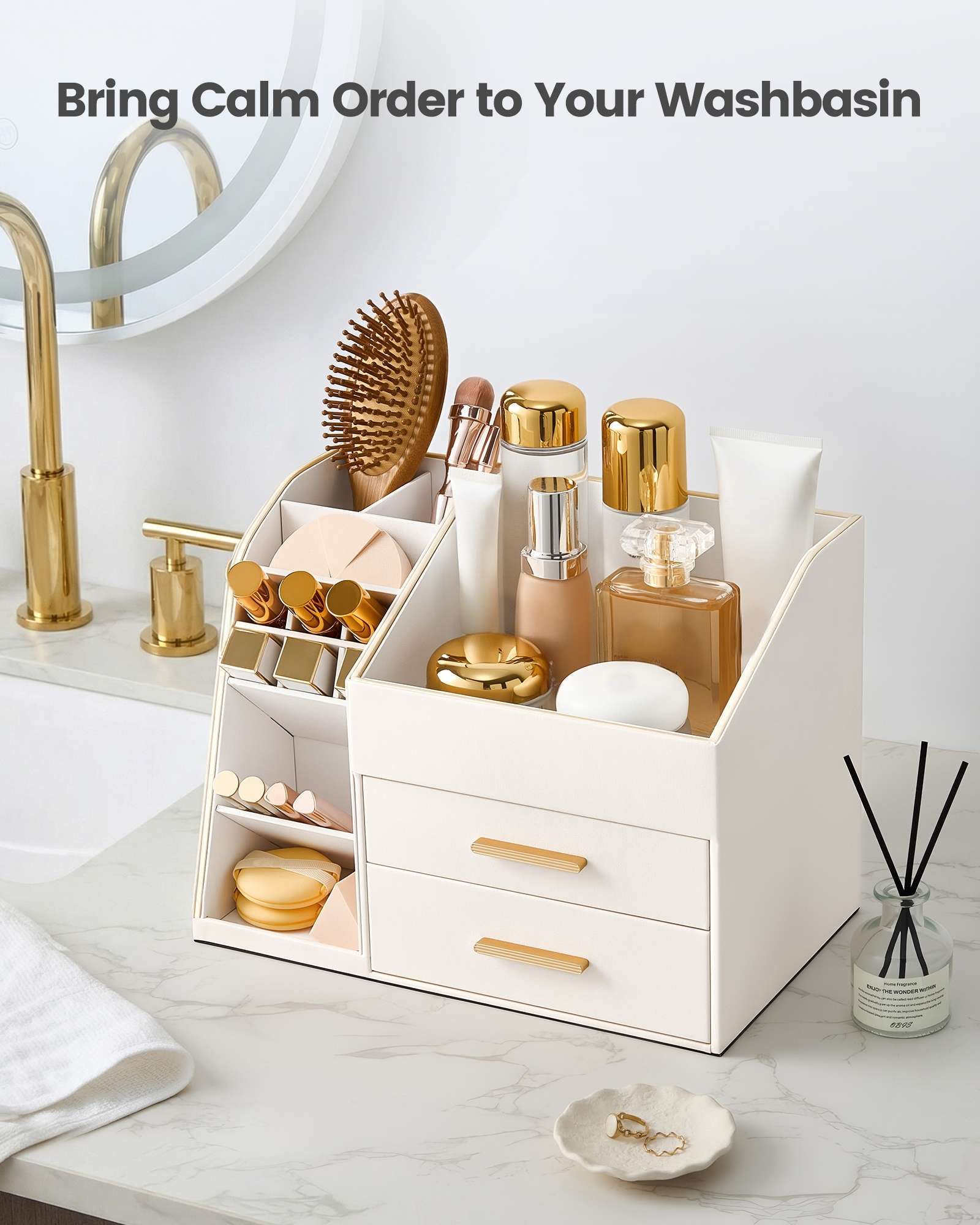 Lolalet Makeup Organizer Schminktisch Weiß mit Schublade Leder