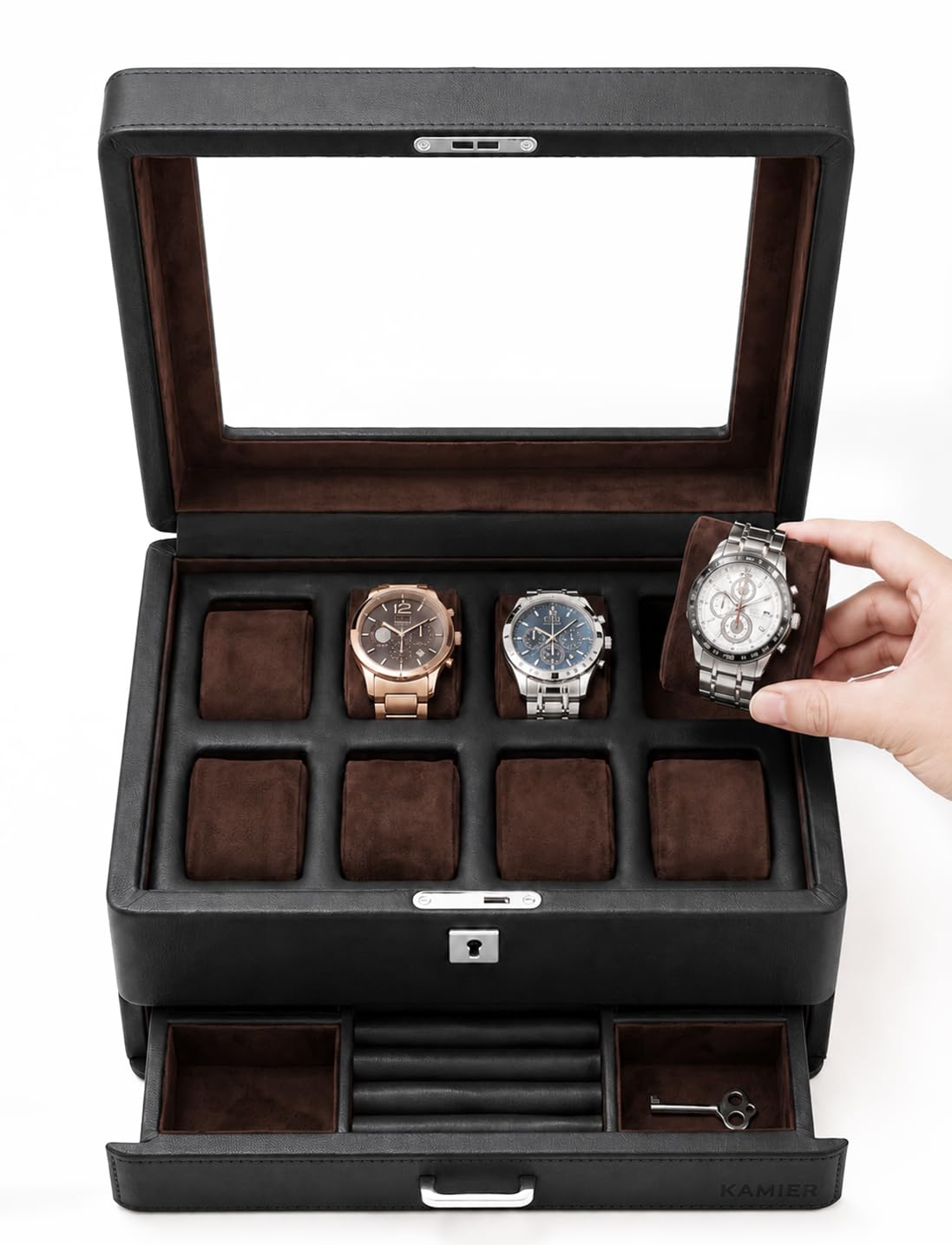 KAMIER Watch Boxes Uhrenbox 8 Uhren Schwarz 2 Ebenen