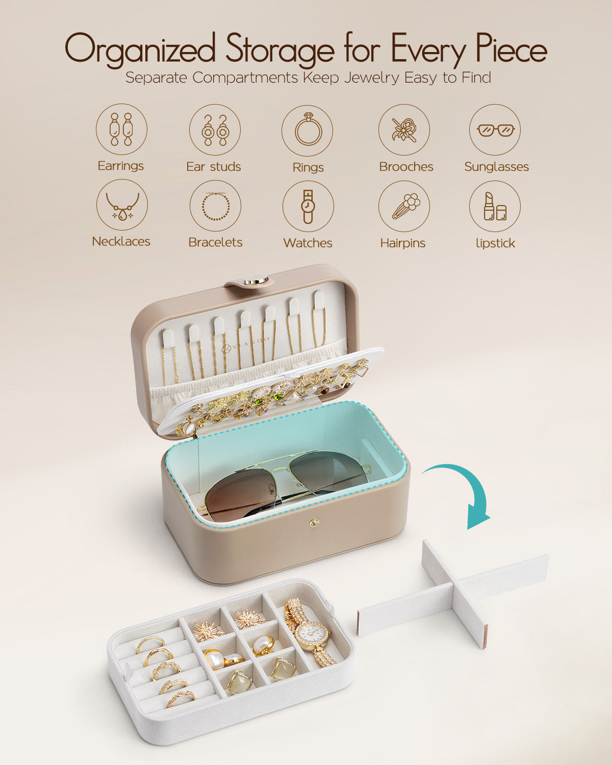 VLANDO Music Box Schmuckkasten Reise 2-lagig Creme