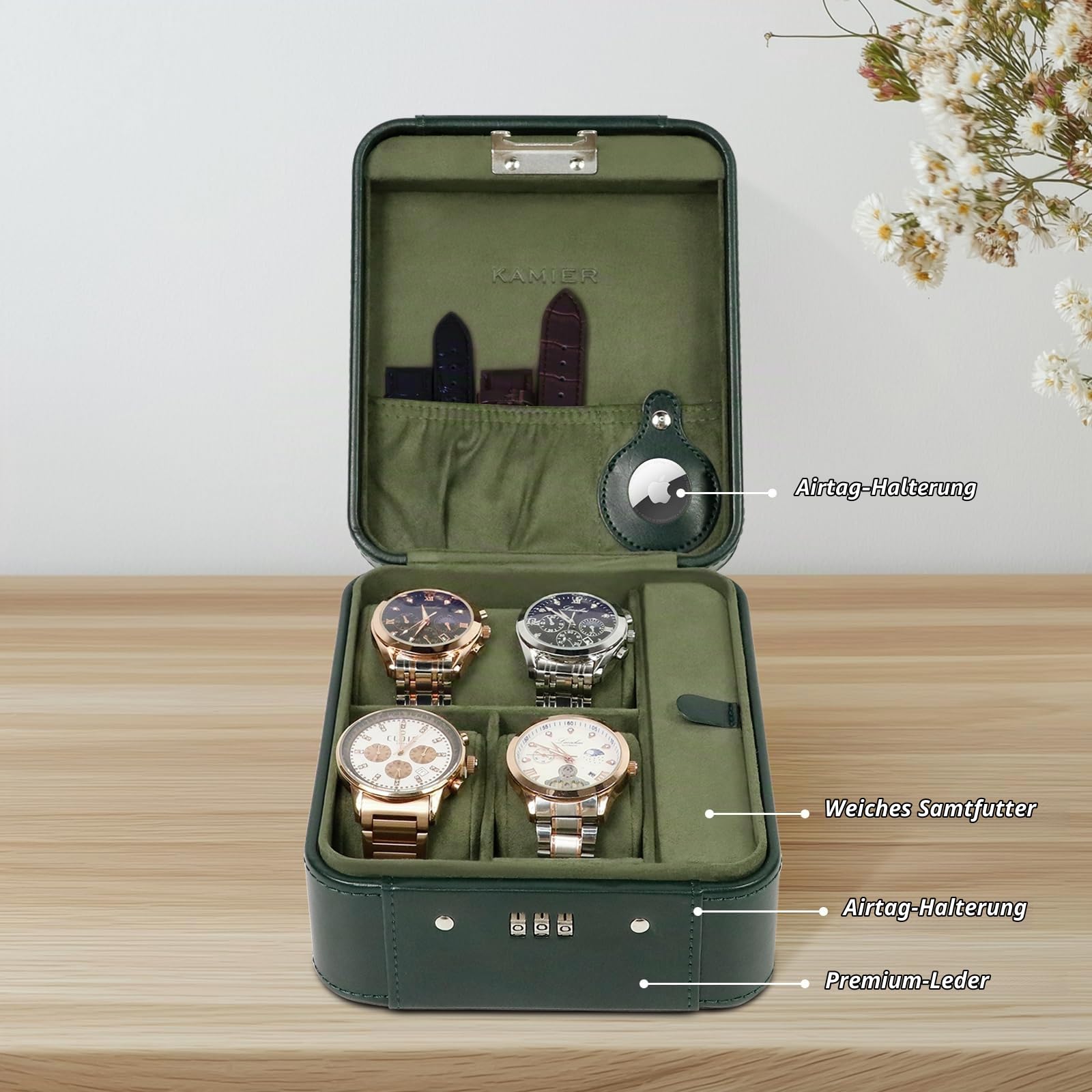 KAMIER Watch Boxes Uhrenbox 4 Uhren Grün Zahlenschloss