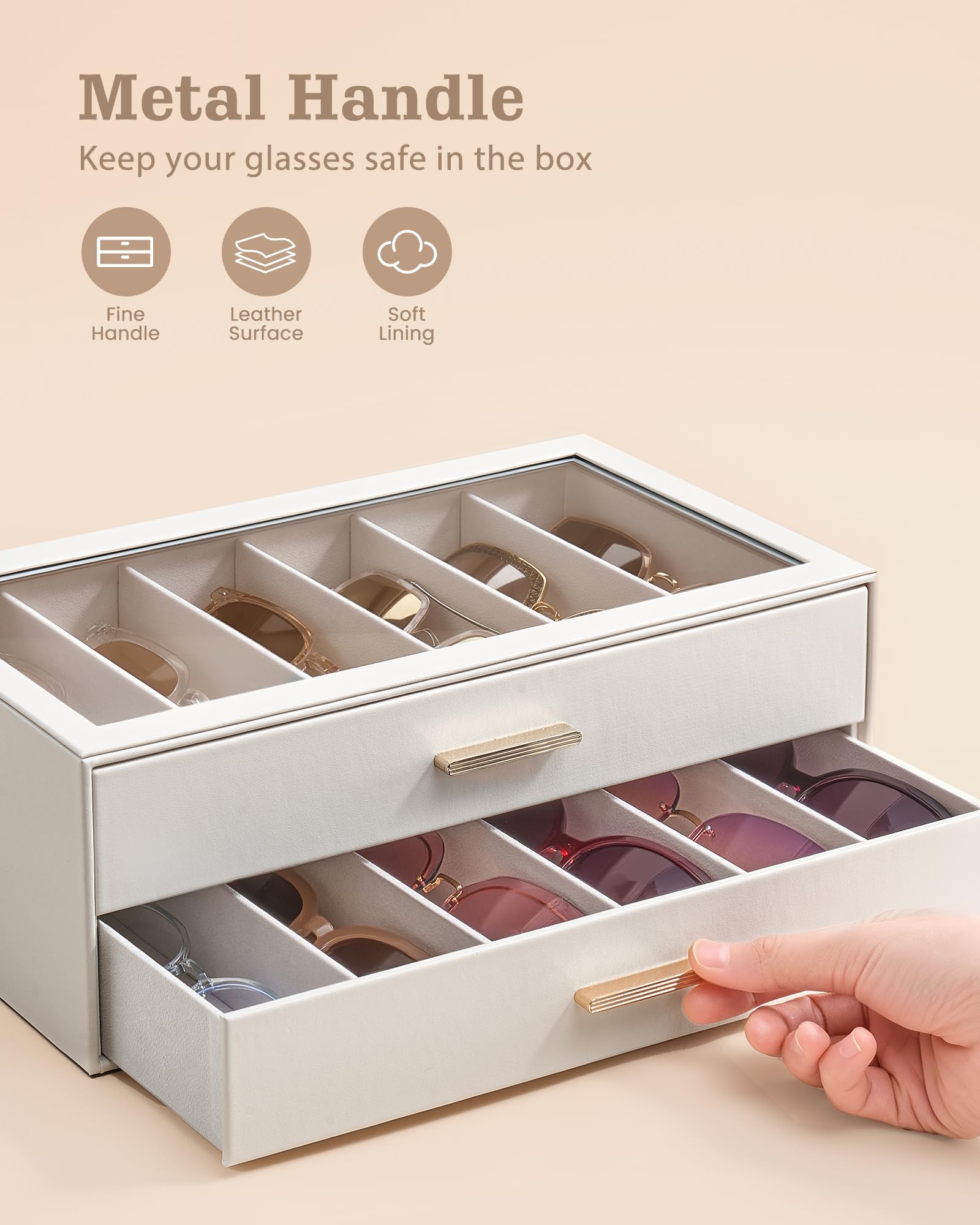 Lolalet Sunglass Box Brillenbox Beige 12 Fächer Glasdeckel