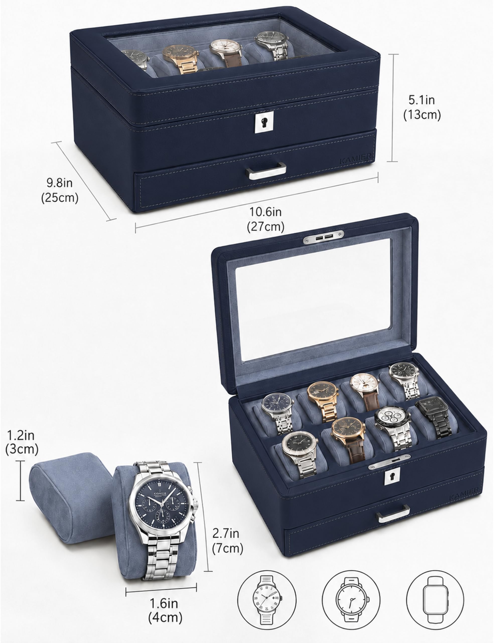 KAMIER Watch Boxes Uhrenbox 8 Uhren Blau 2 Ebenen Samt